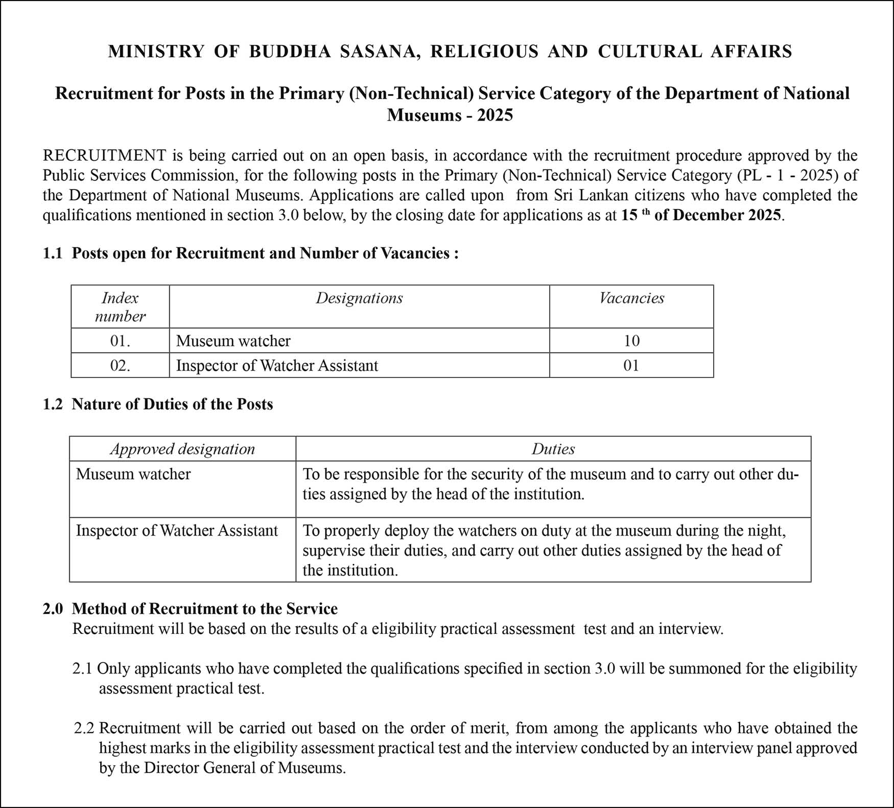 Museum Watcher, Inspector of Watcher Assistant Vacancies in Department of National Museums 2025