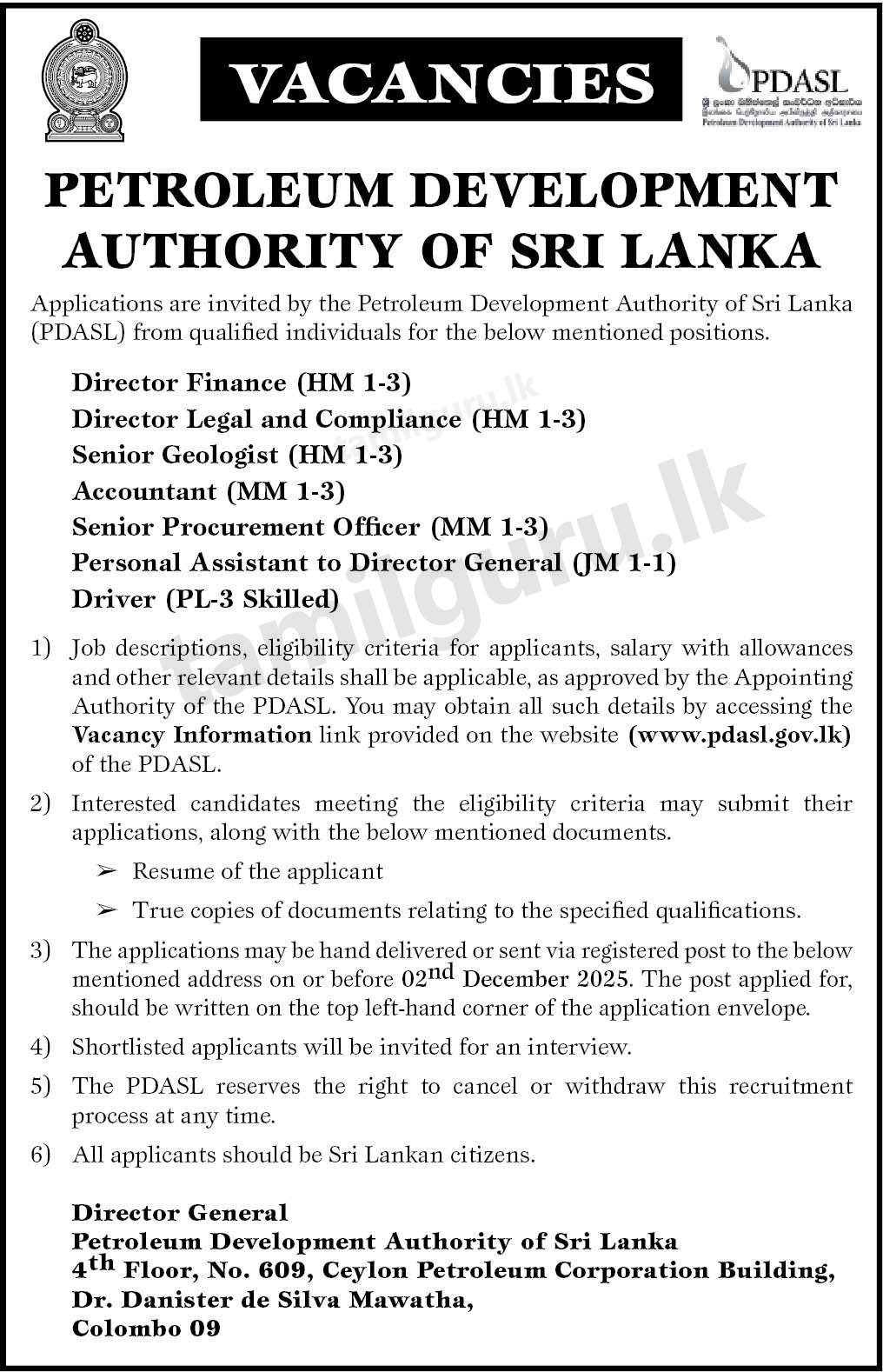 Petroleum Development Authority (PDASL) Vacancies 2025 November