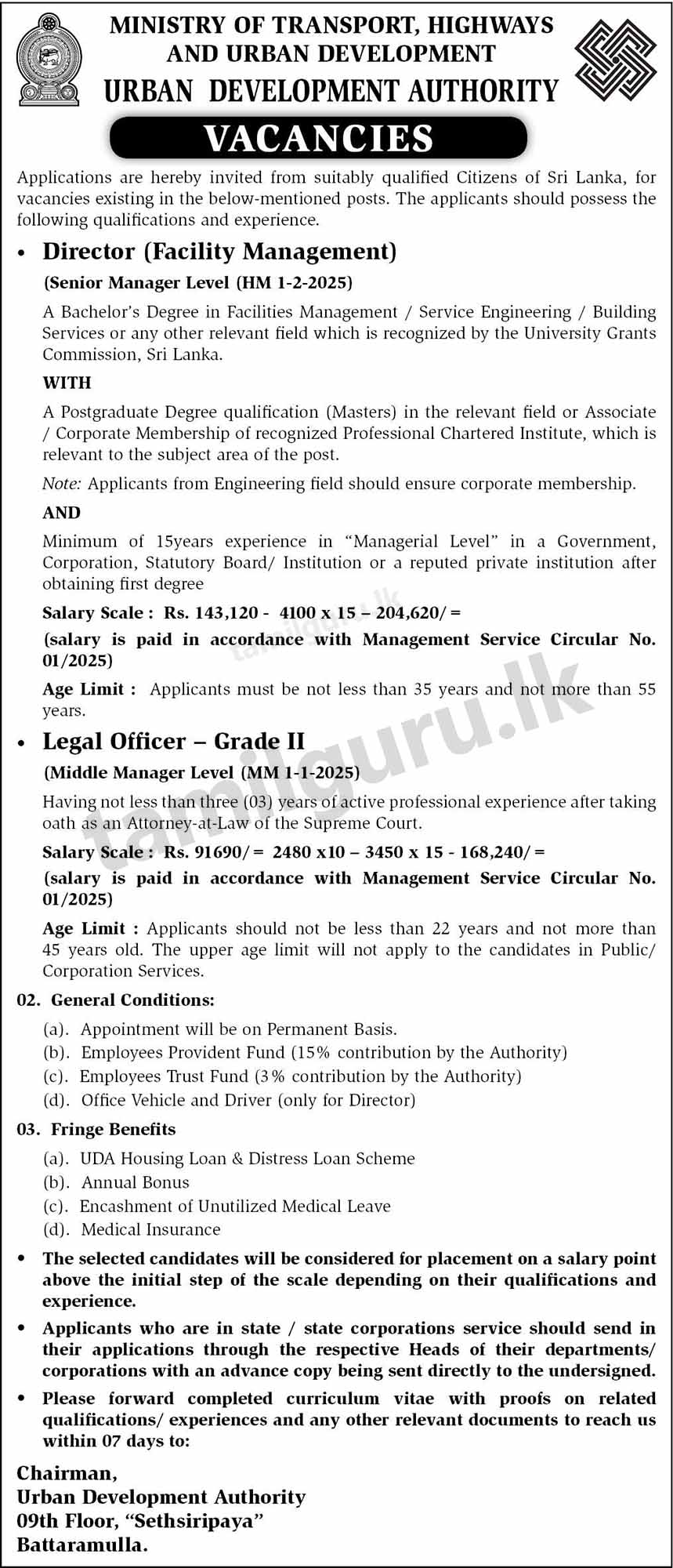 UDA Vacancies 2025 (November) - Posts Director & Legal Officer