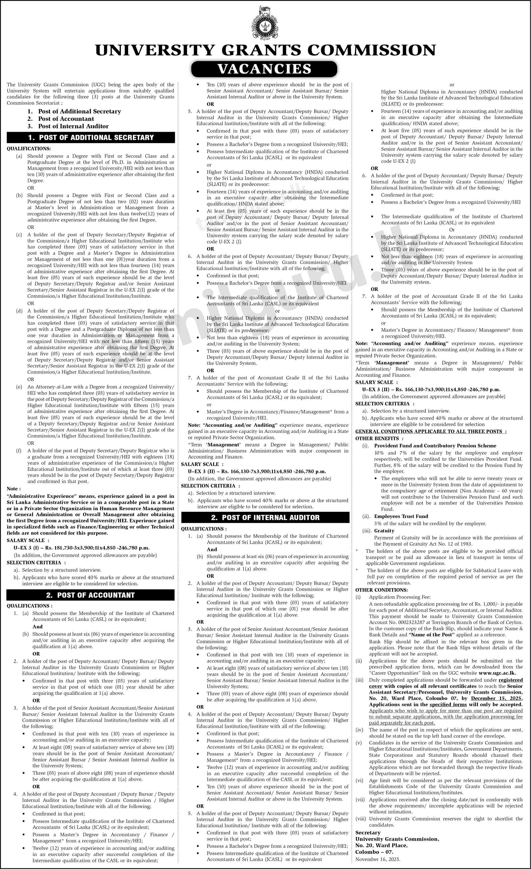 UGC Job Vacancies 2025 - Additional Secretary, Accountant & Internal Auditor