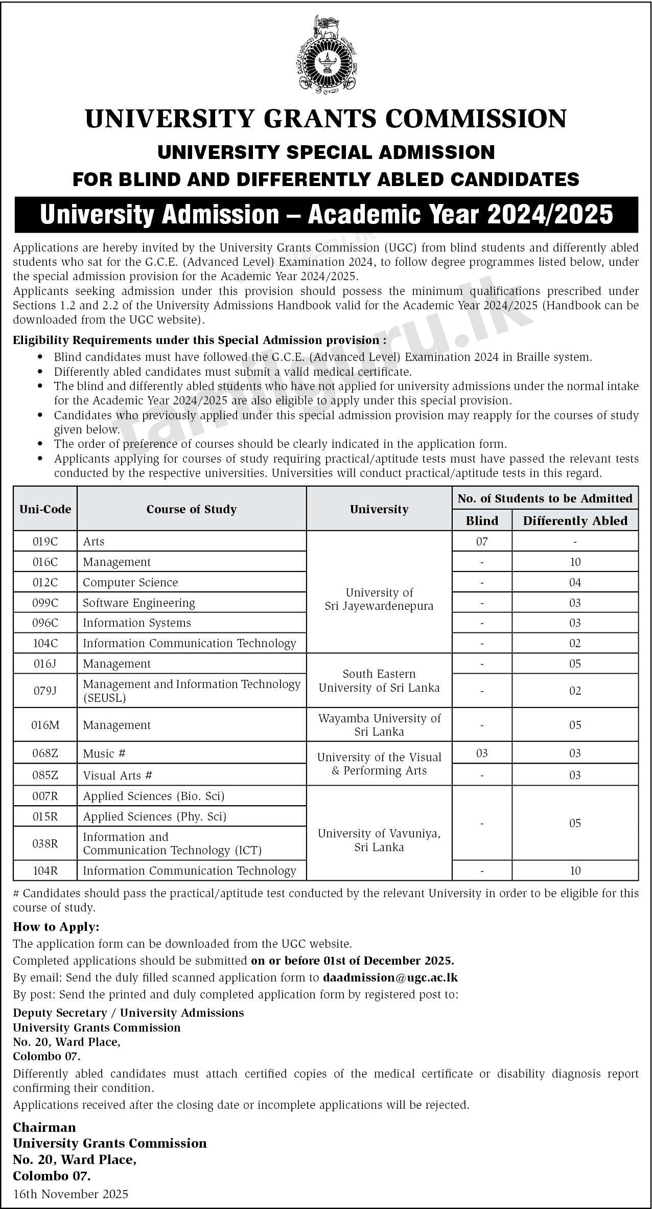 University Admission for Blind and Differently Abled Students 2024/2025