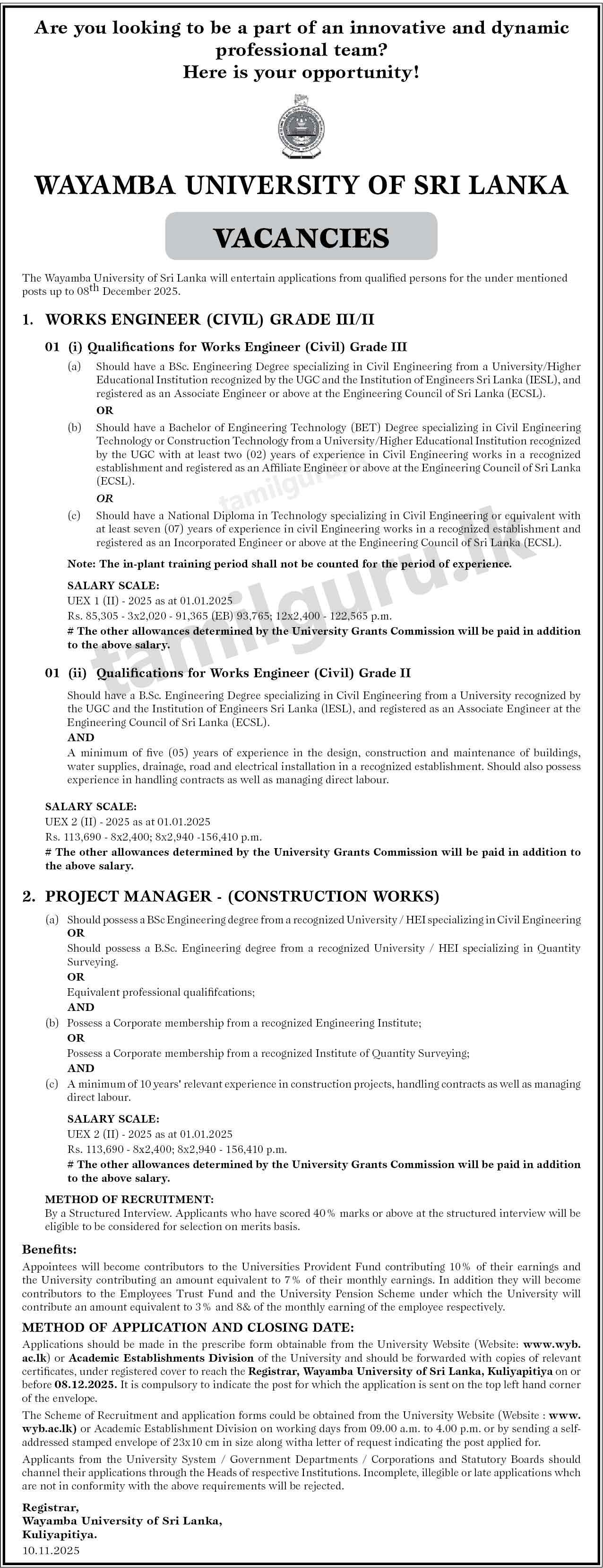 Wayamba University Vacancies 2025 - Works Engineer, Project Manager