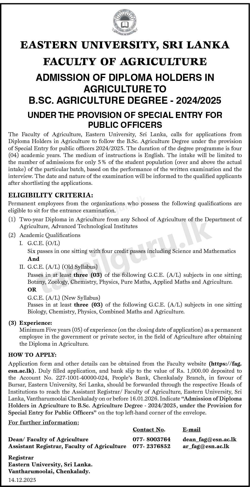 Admission of Diploma Holders in Agriculture to BSc Agriculture Degree 2025 - Eastern University