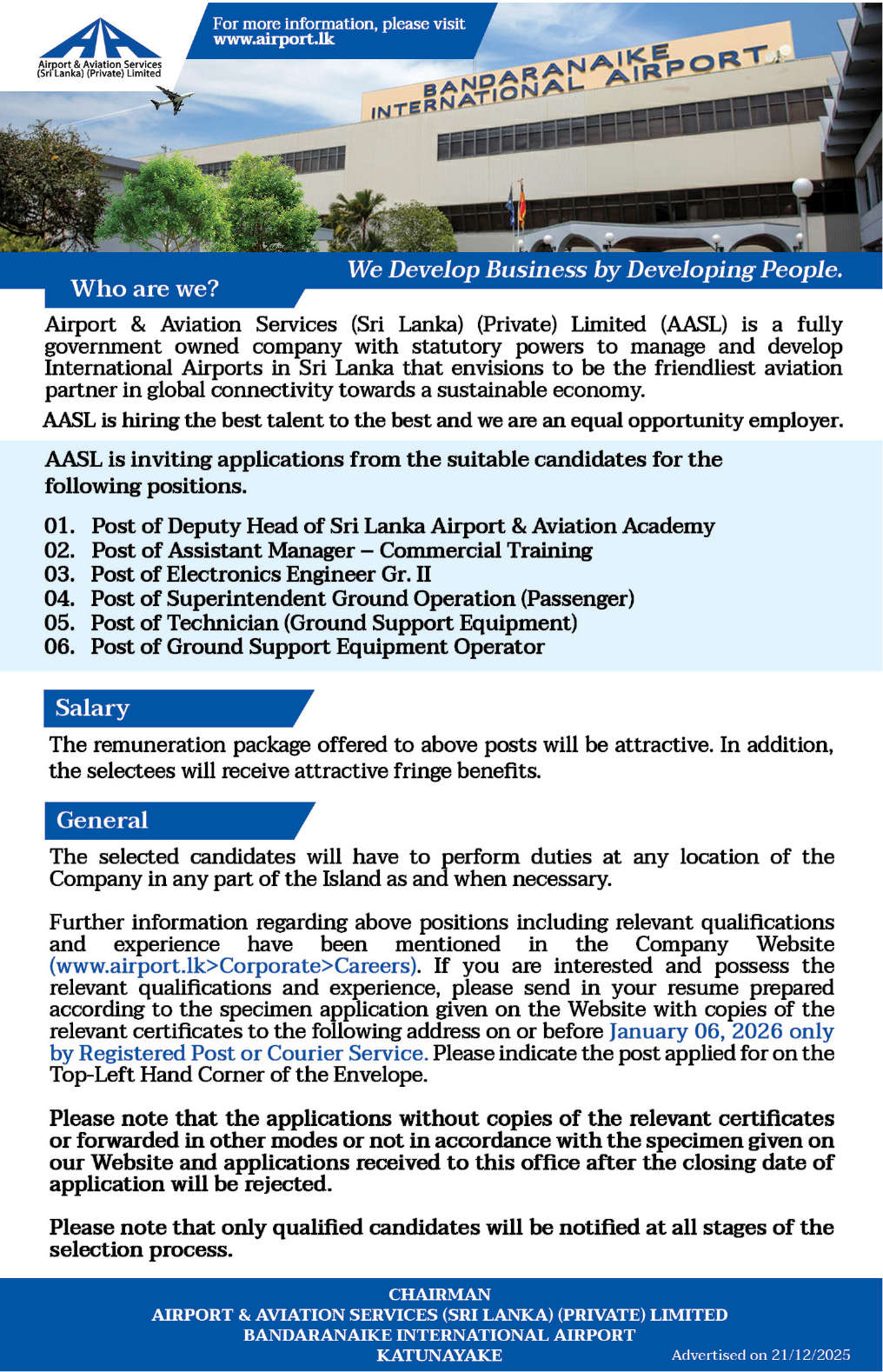Airport and Aviation Services Vacancies (AASL) 2025 December