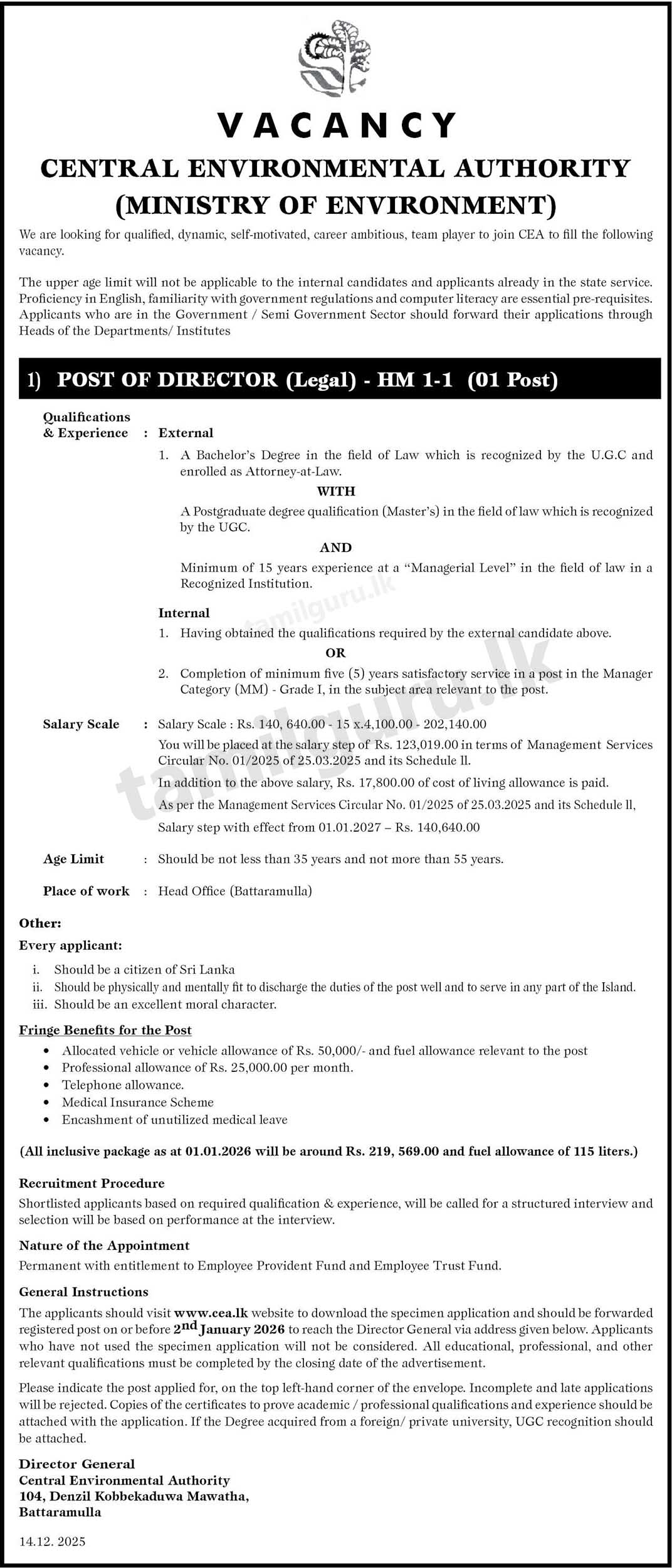 Central Environmental Authority Vacancies 2025 - Post of Director (Legal)
