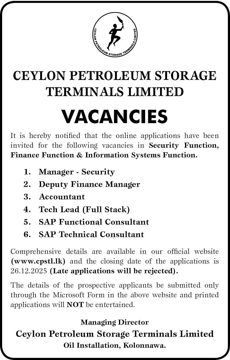 Ceylon Petroleum Storage Terminals (CPSTL) Job Vacancies 2025 December