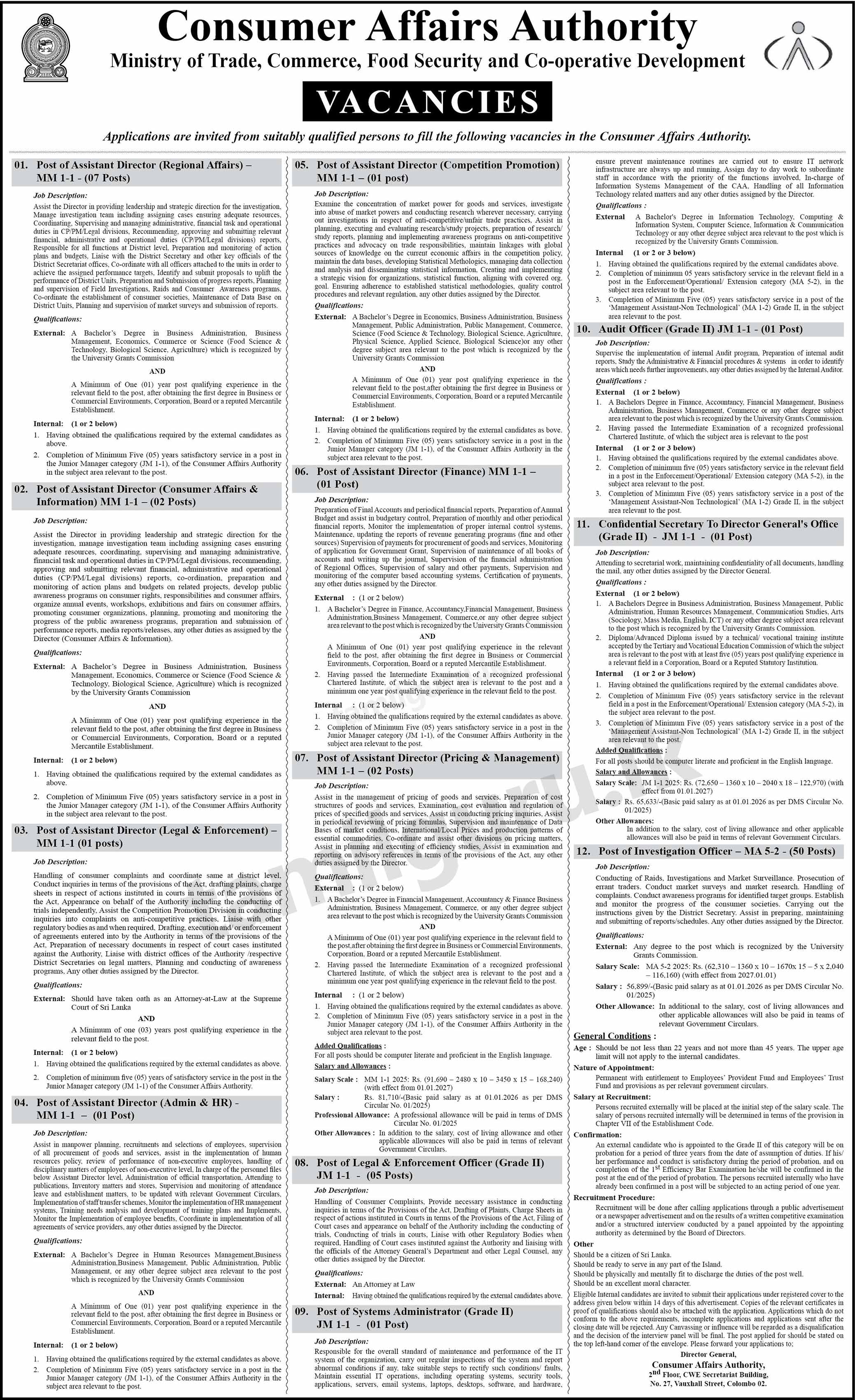 Consumer Affairs Authority Job Vacancies 2025 December