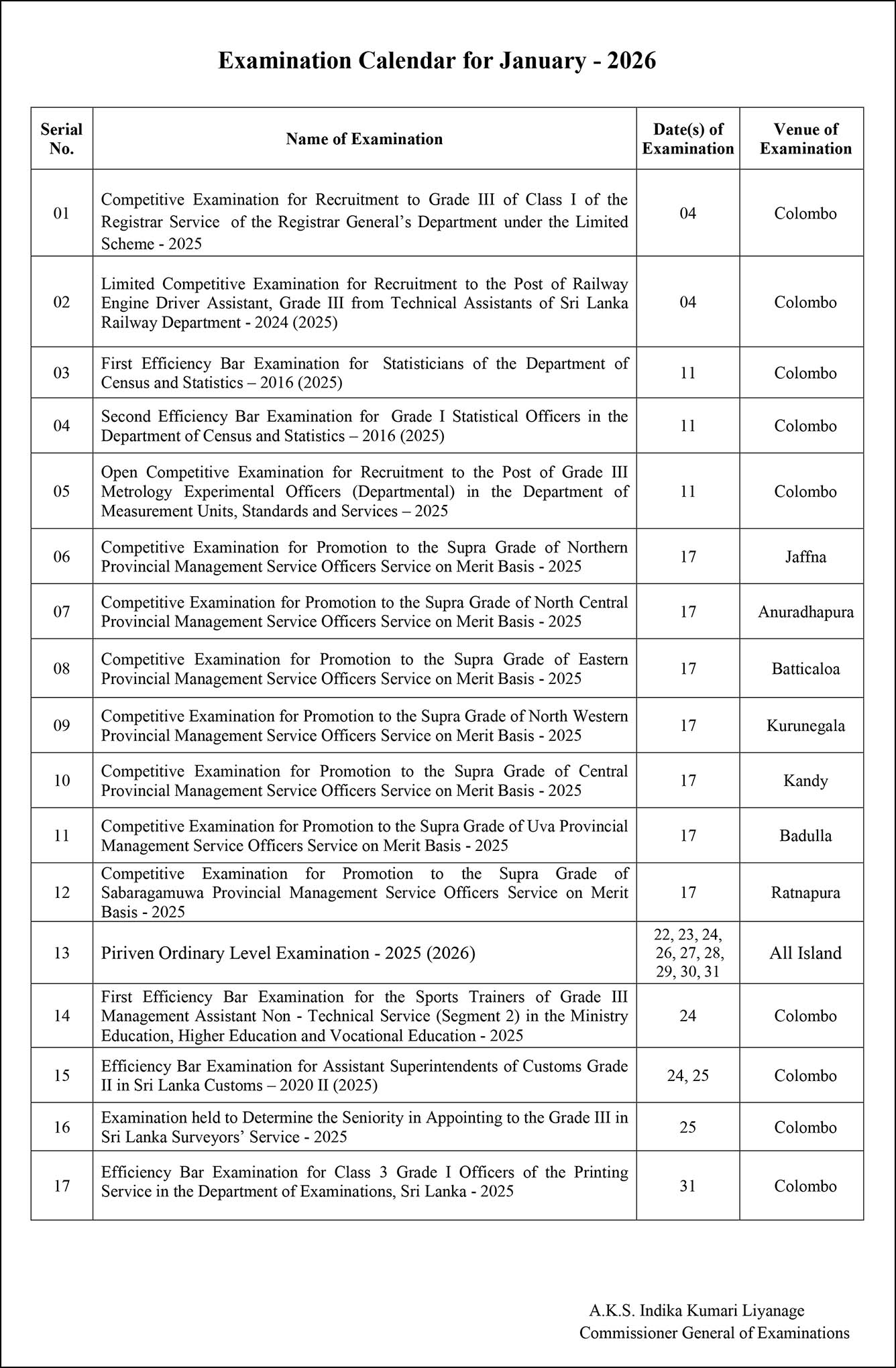 Examination Calendar for January 2026 - Department of Examinations