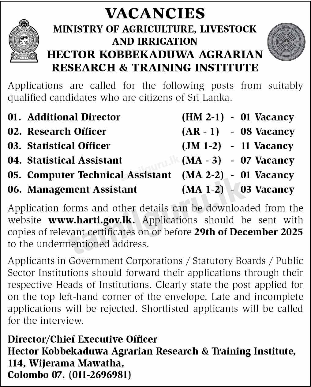 Hector Kobbekaduwa Agrarian Research & Training Institute (HARTI) Vacancies - 2025