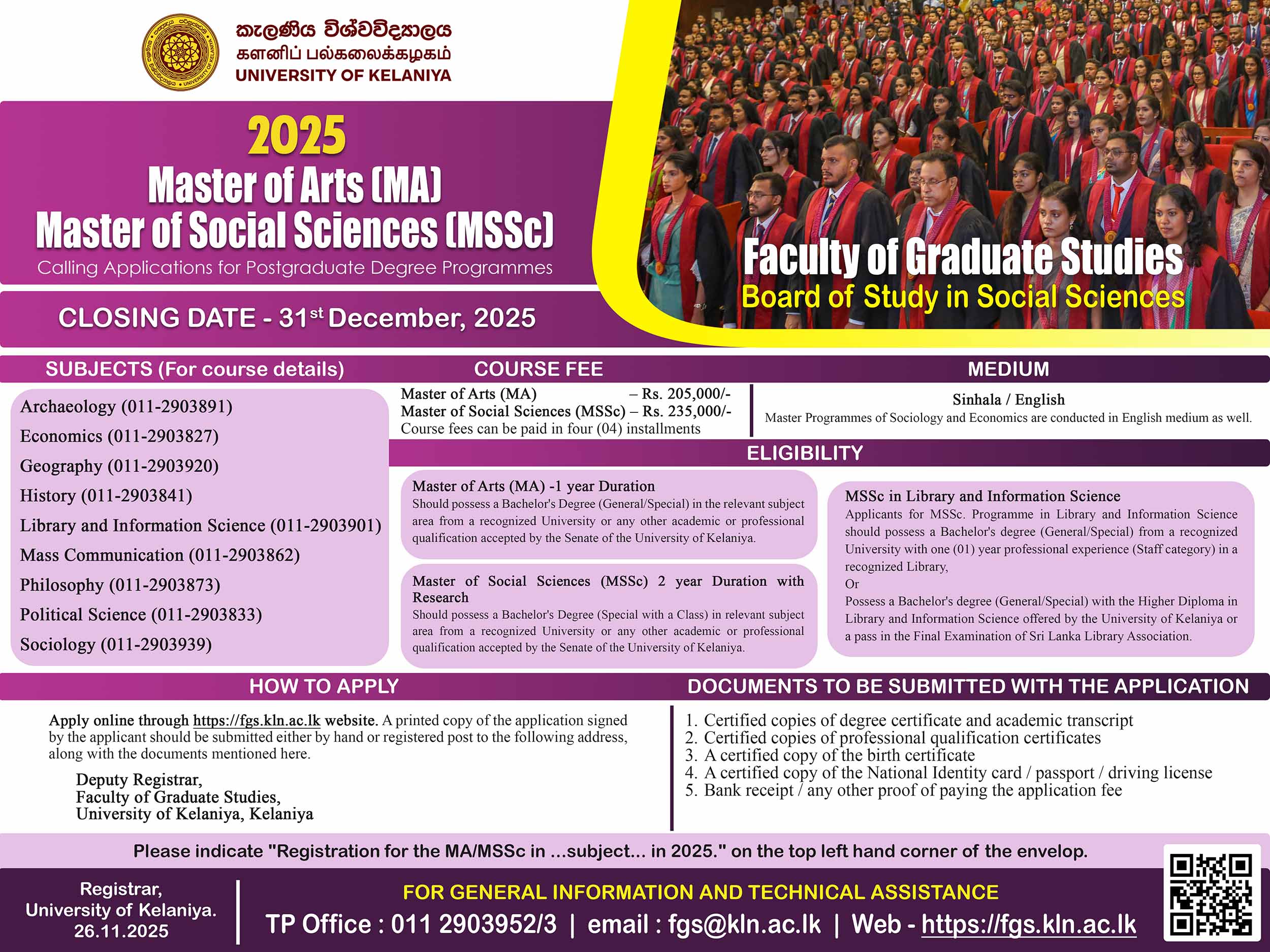 Master of Arts (MA), Master of Social Sciences (MSSc) Degree Programmes 2025 - University of Kelaniya