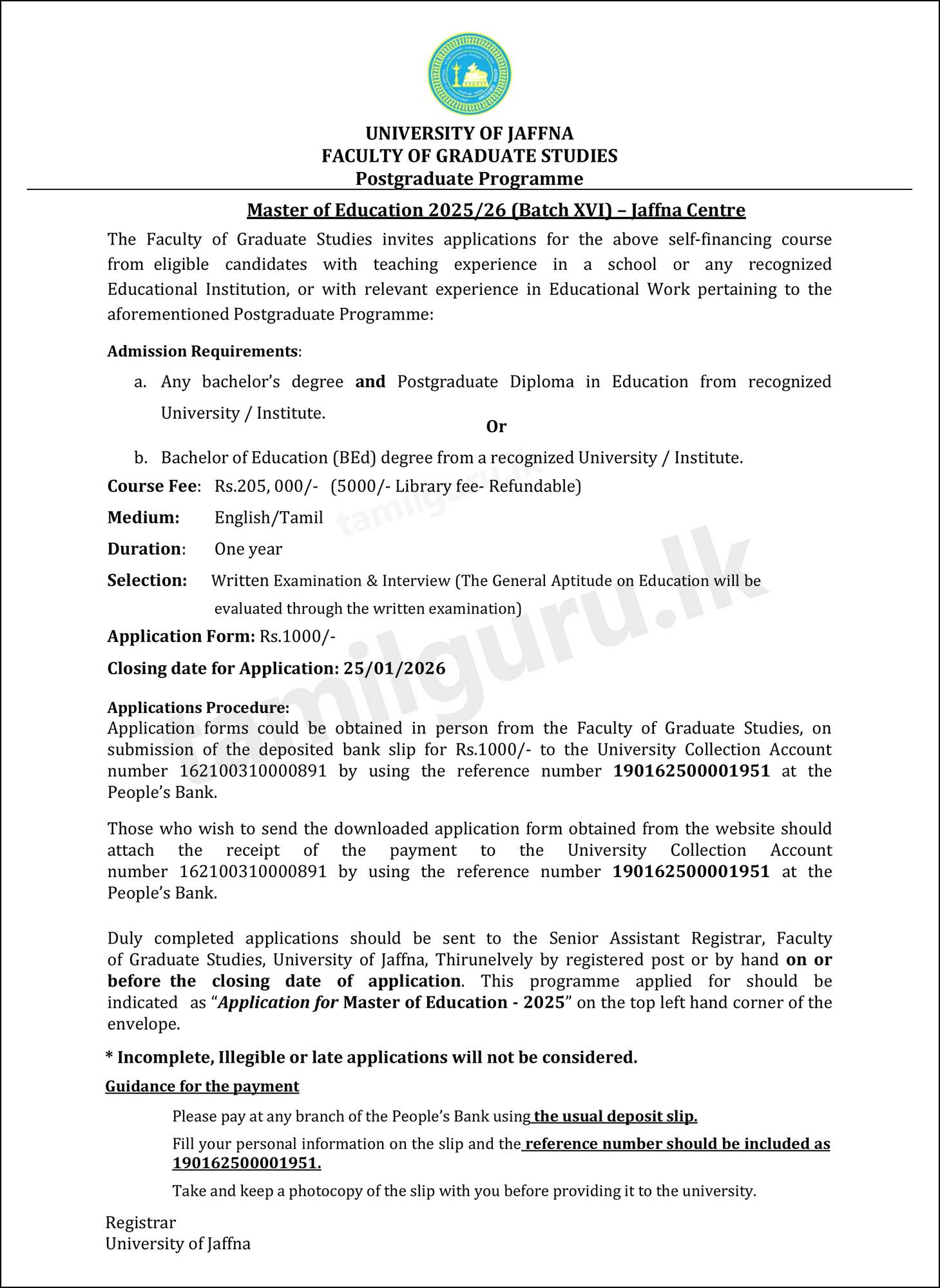 Master of Education (MEd) 2025/26 - University of Jaffna