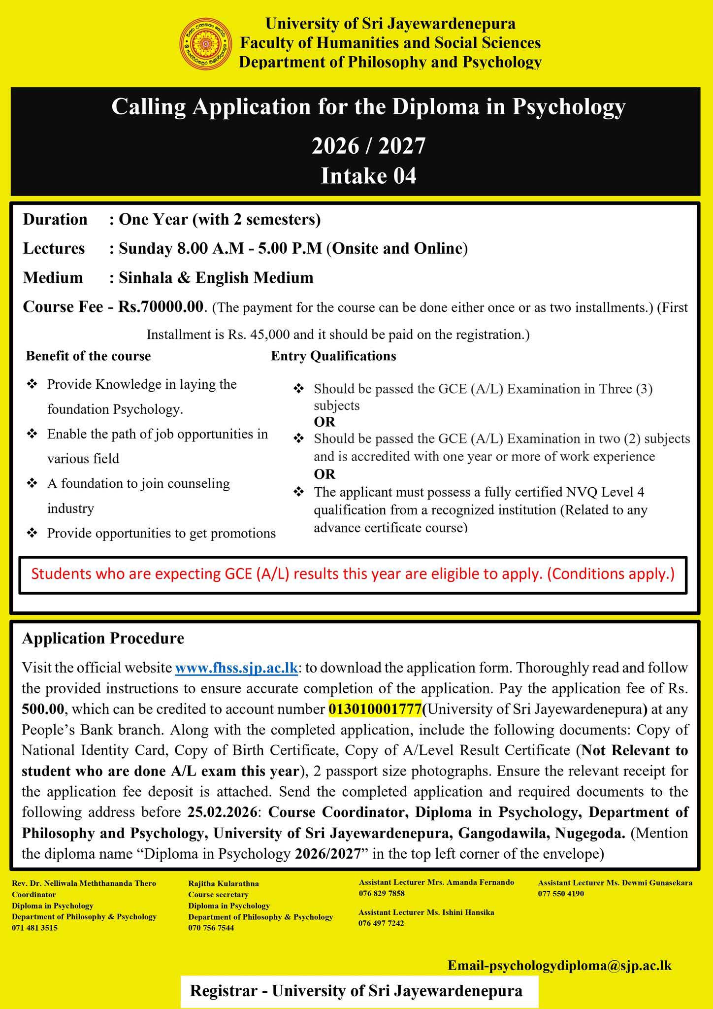 Diploma in Psychology 2026 - University of Sri Jayewardenepura