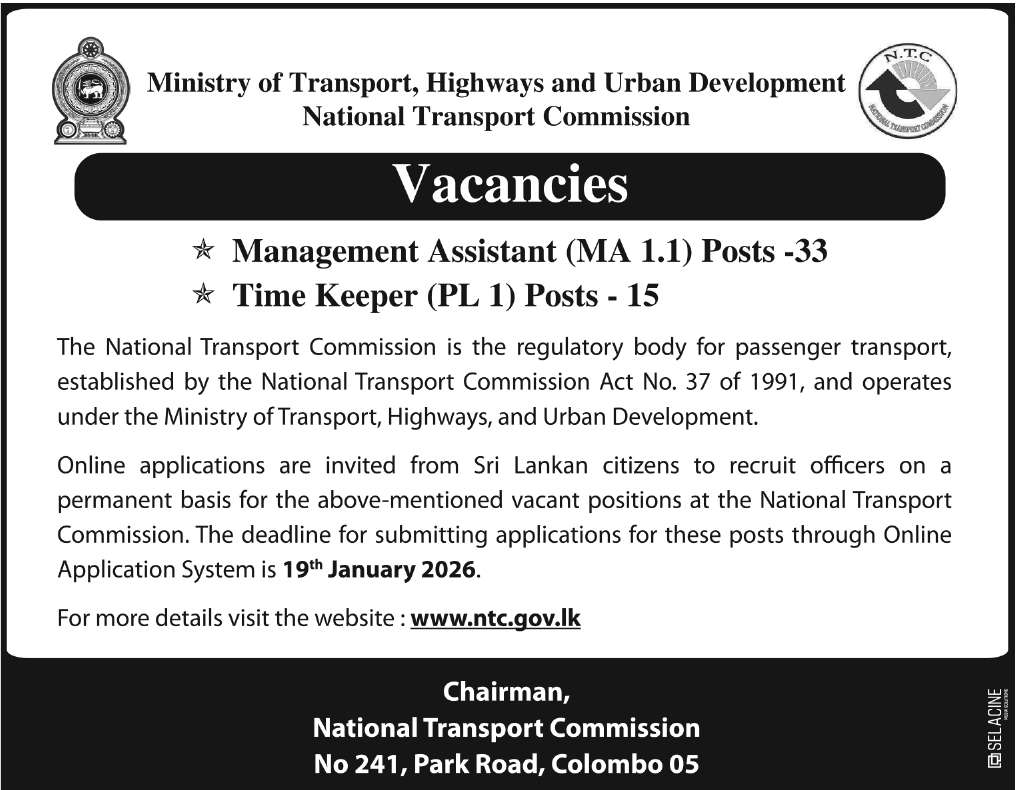 National Transport Commission (NTC) Management Assistant (MA), Time Keeper Vacancies 2026