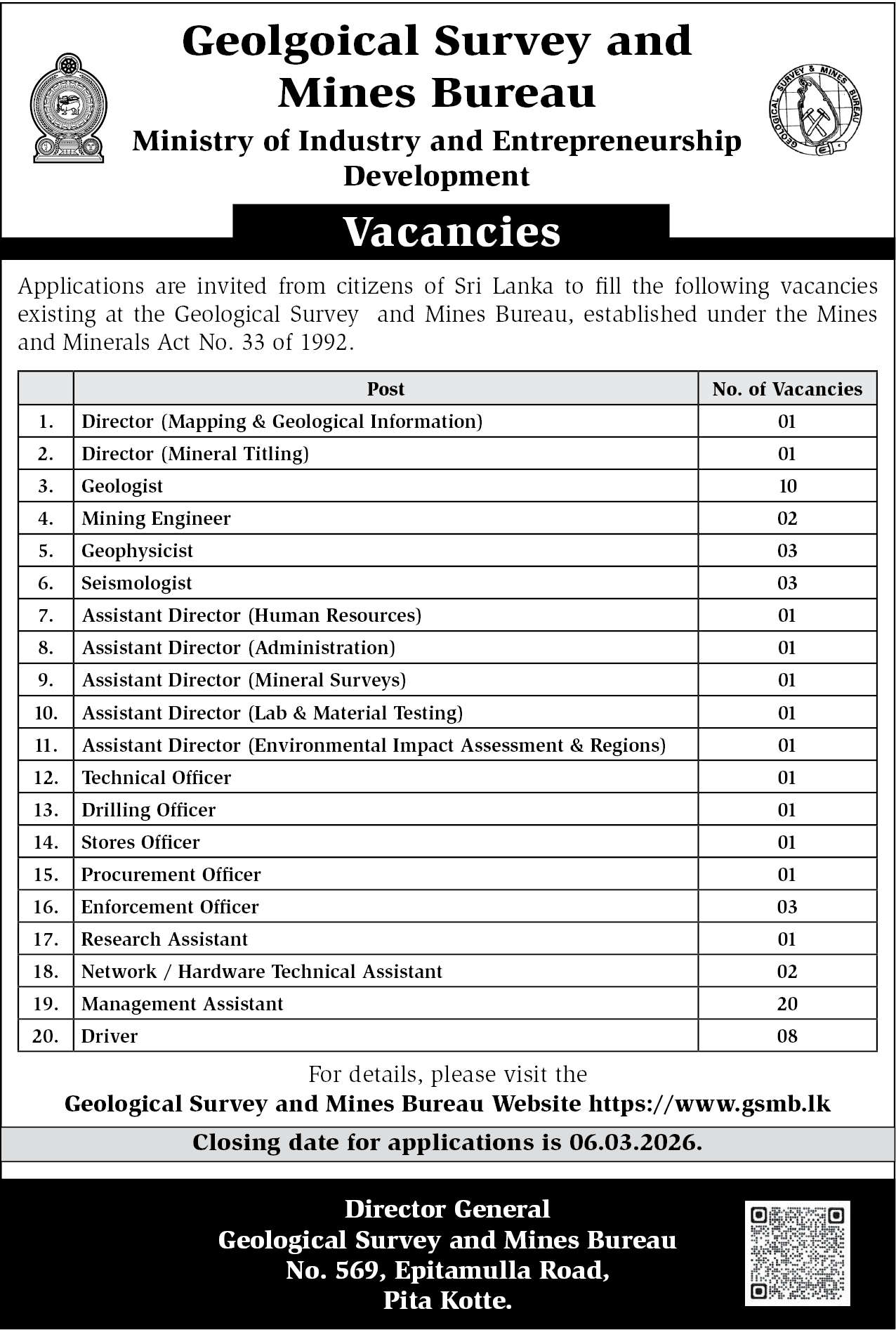 Geological Survey & Mines Bureau (GSMB) Vacancies 2026 March