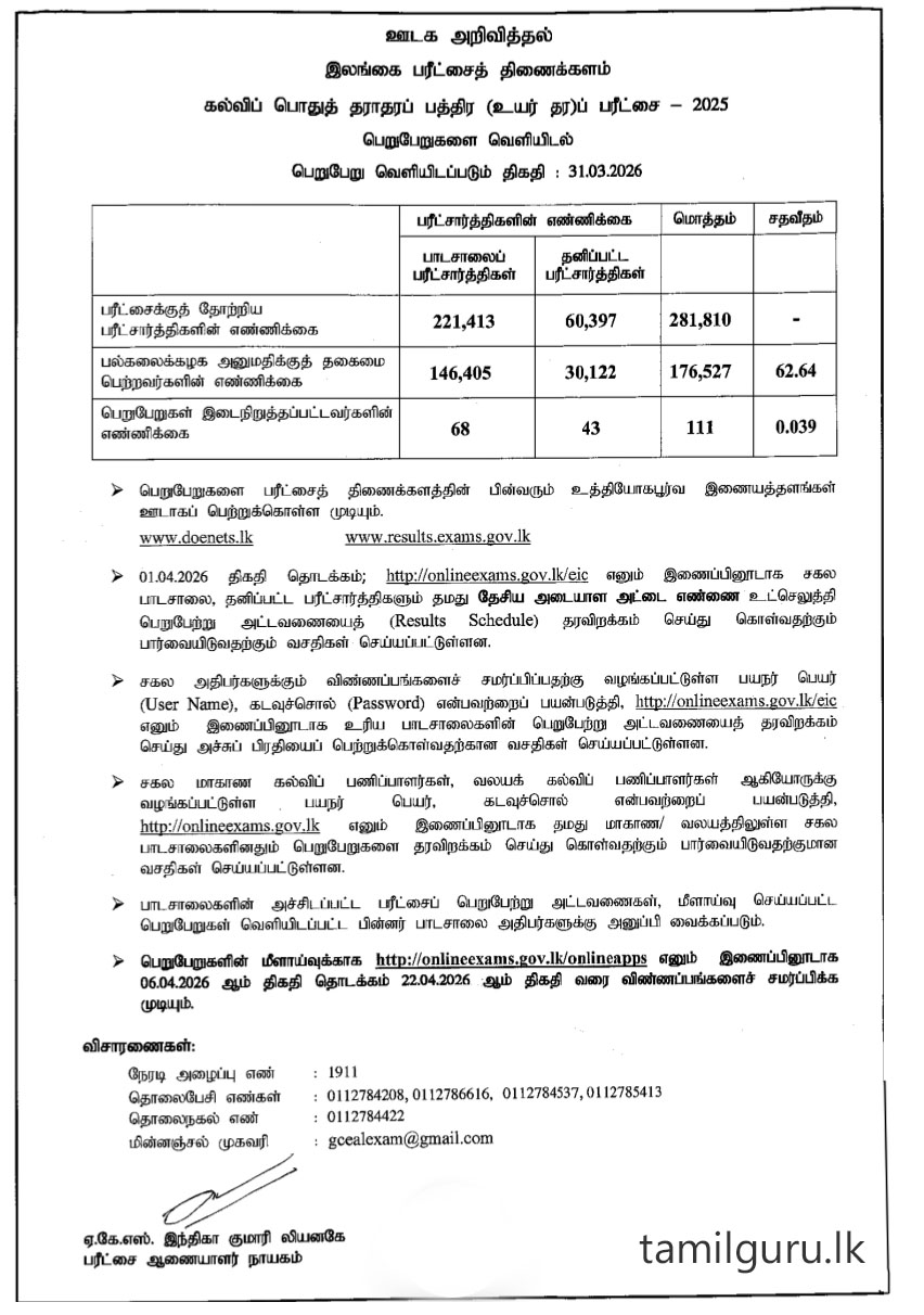 G.C.E. A/L Exam Results 2025 - Released Online (doenets.lk)