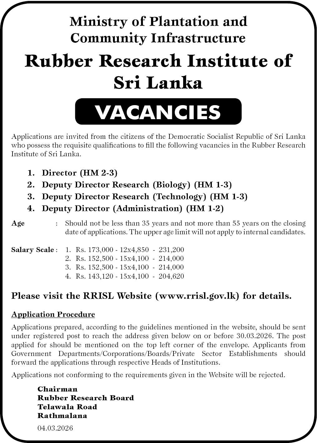 Rubber Research Institute (RRISL) Job Vacancies - 2026 March
