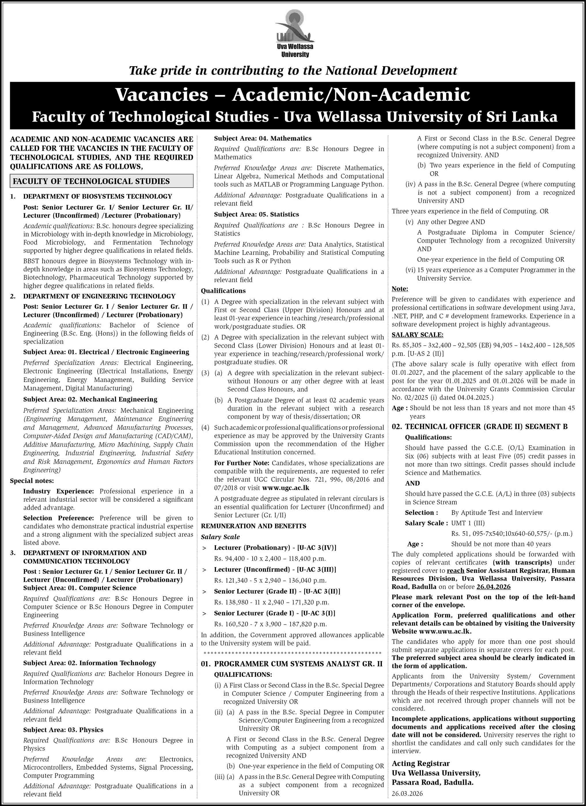 Uva Wellassa University (Faculty of Technological Studies) Vacancies 2026