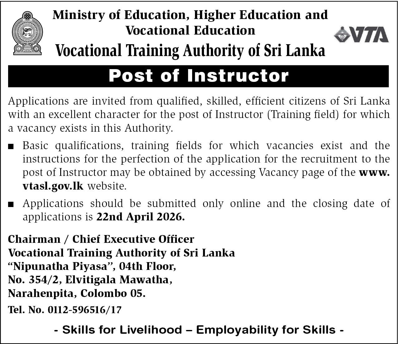 Vocational Training Authority (VTA) Instructor Vacancies 2026