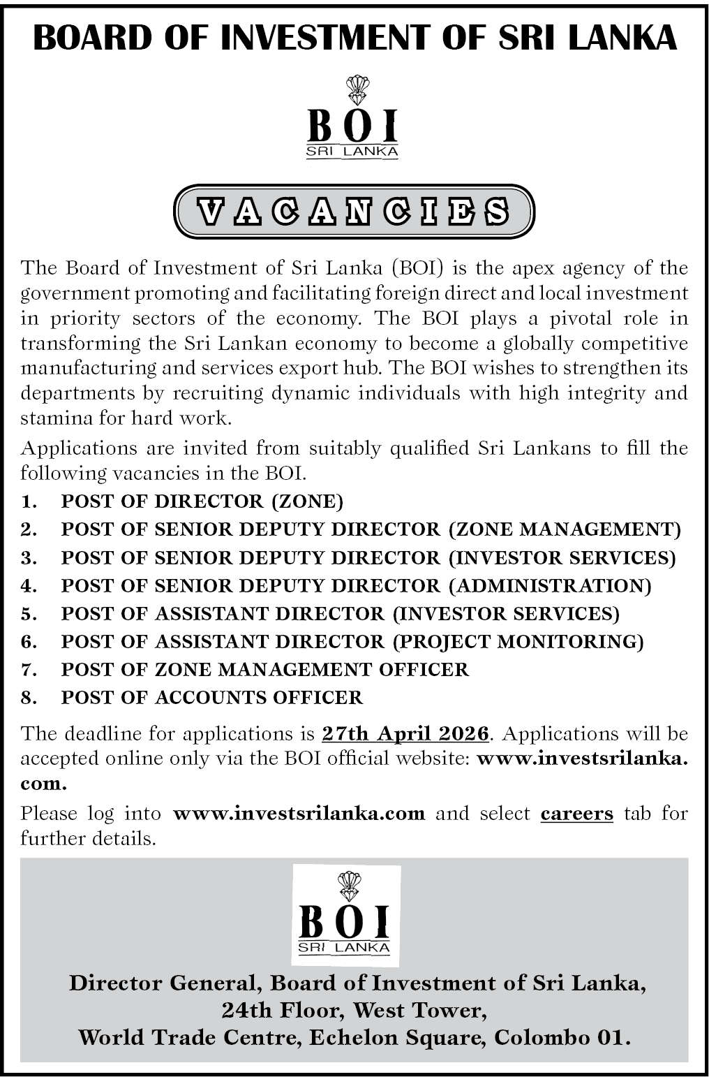 Board of Investment (BOI) Job Vacancies 2026 April