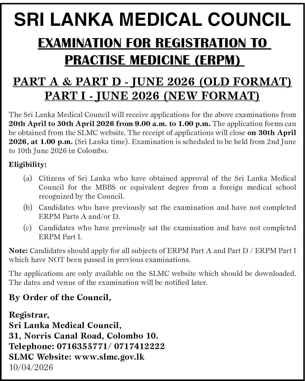 SLMC Exam for Registration to Practise Medicine (ERPM) June 2026