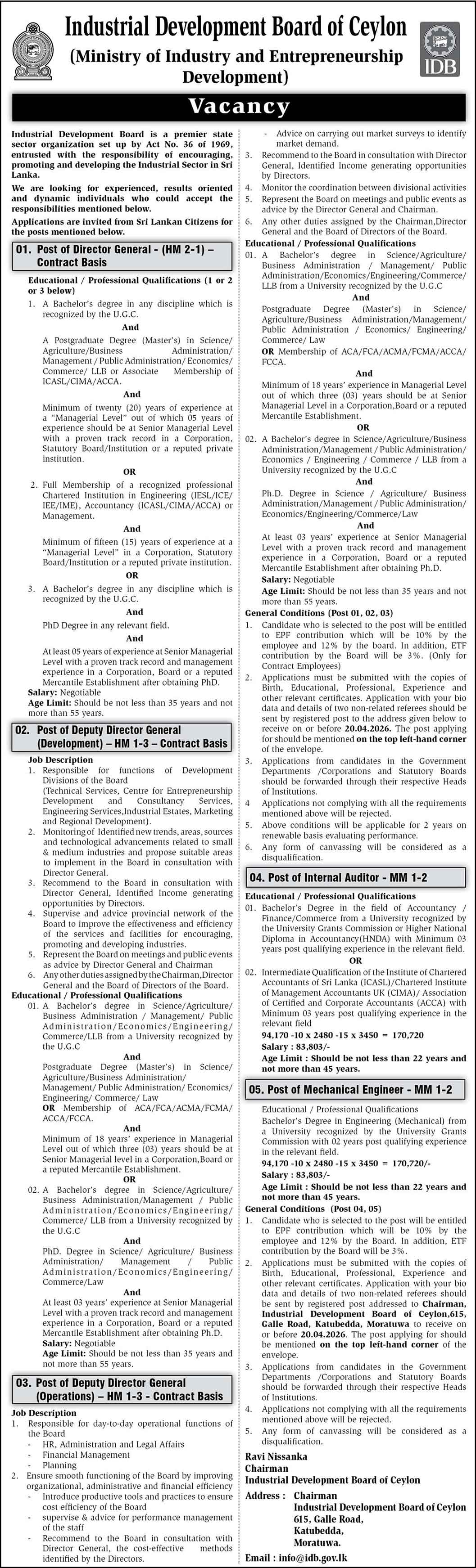 Industrial Development Board (IDB) Job Vacancies 2026 April
