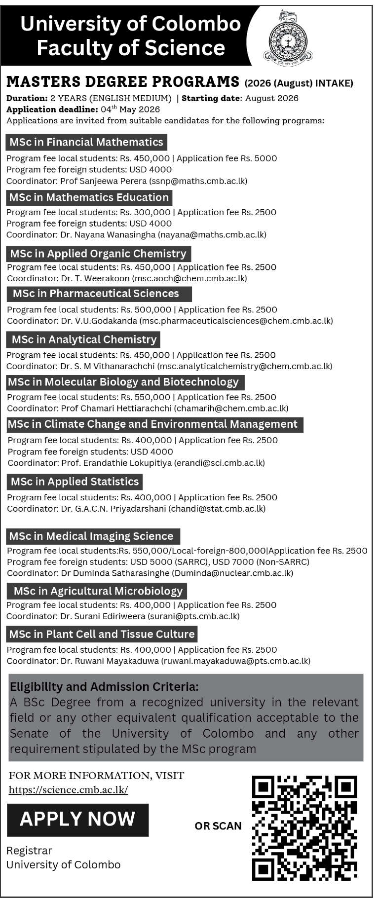 Masters Degree Programs (2026 August Intake) - Faculty of Science, University of Colombo
