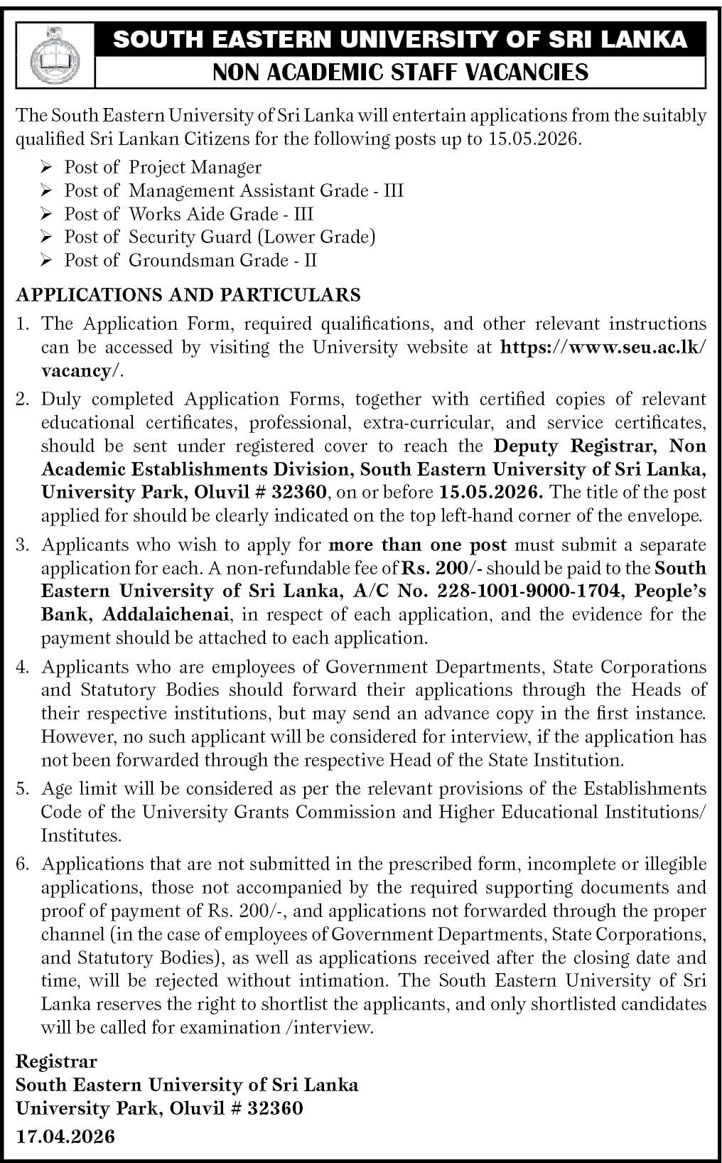 Project Manager, Management Assistant, Works Aide, Security Guard, Groundsman