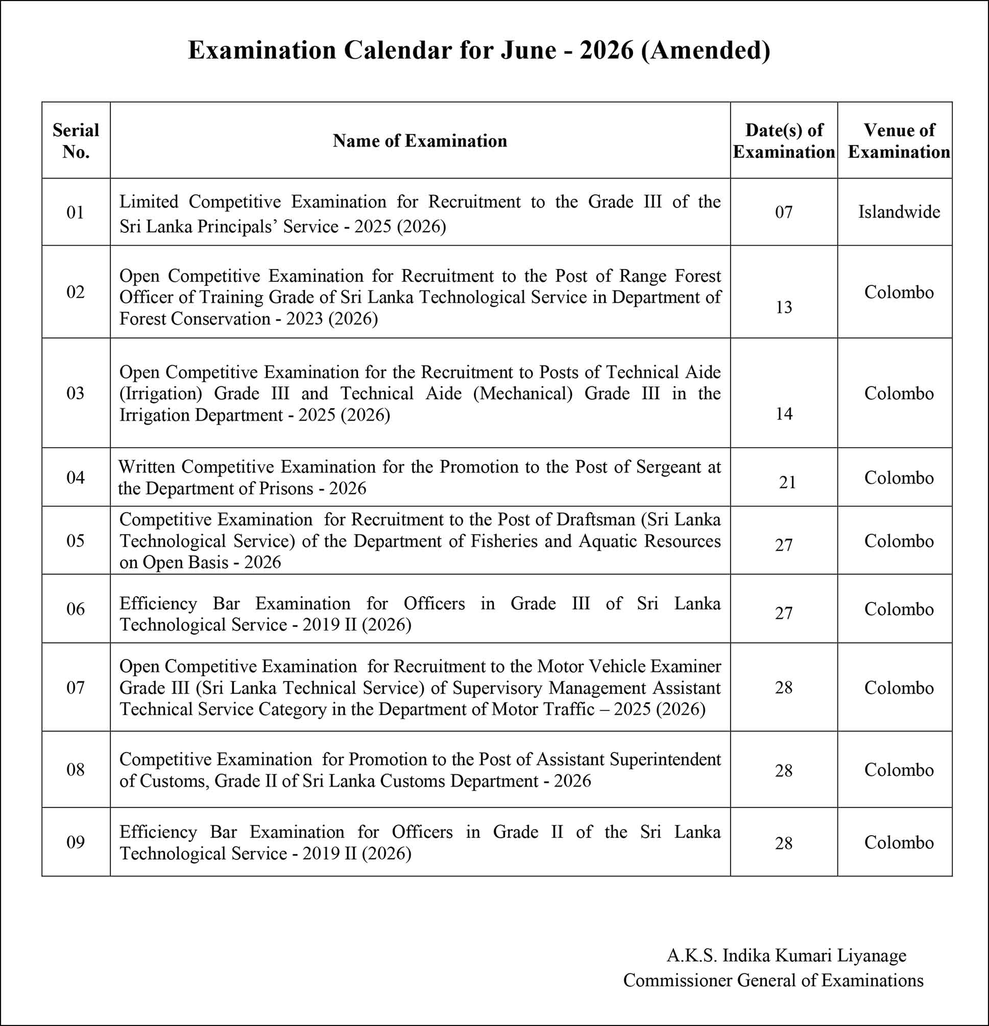 Examination Calendar for June 2026 (Amended) - Department of Examinations