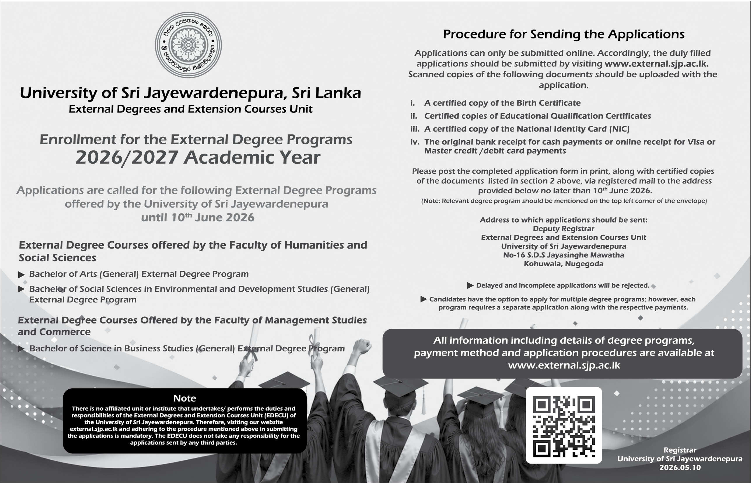 External Degree Programs Application (2026 Intake) - University of Sri Jayewardenepura