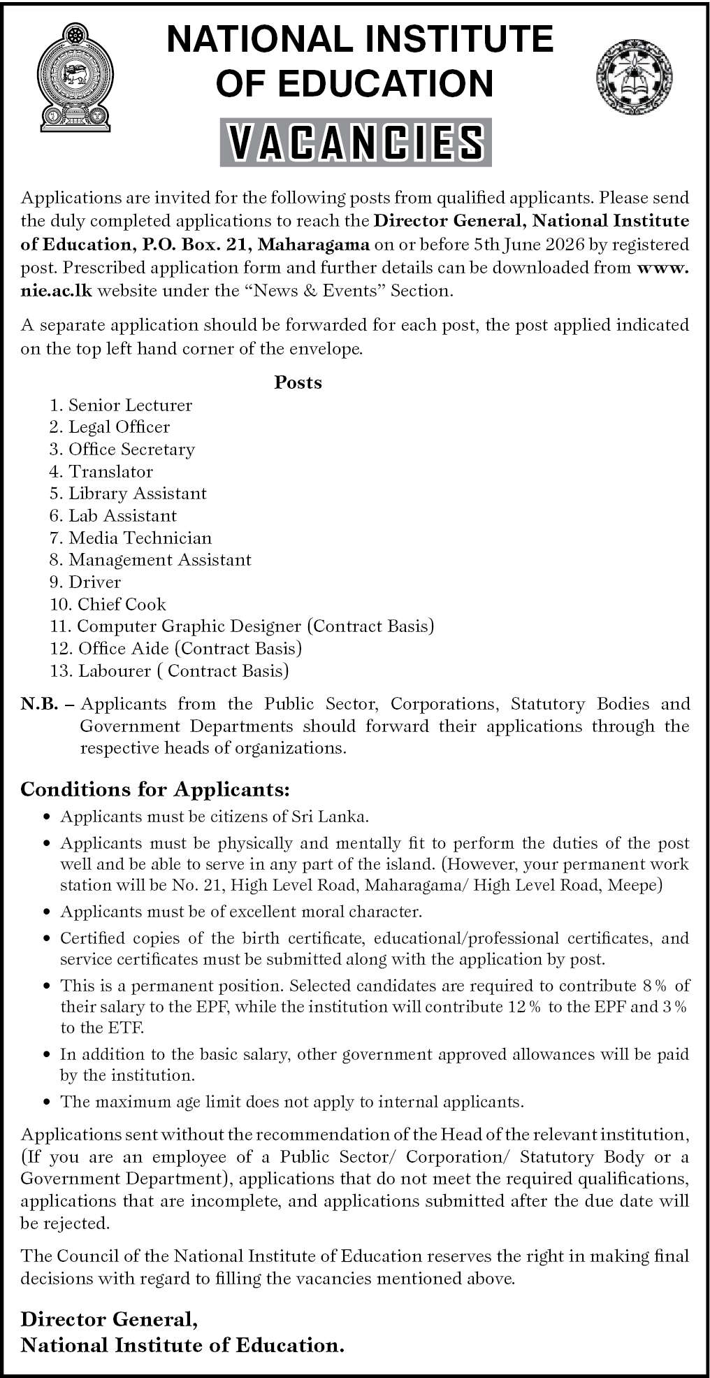 National Institute of Education (NIE) Job Vacancies 2026 June