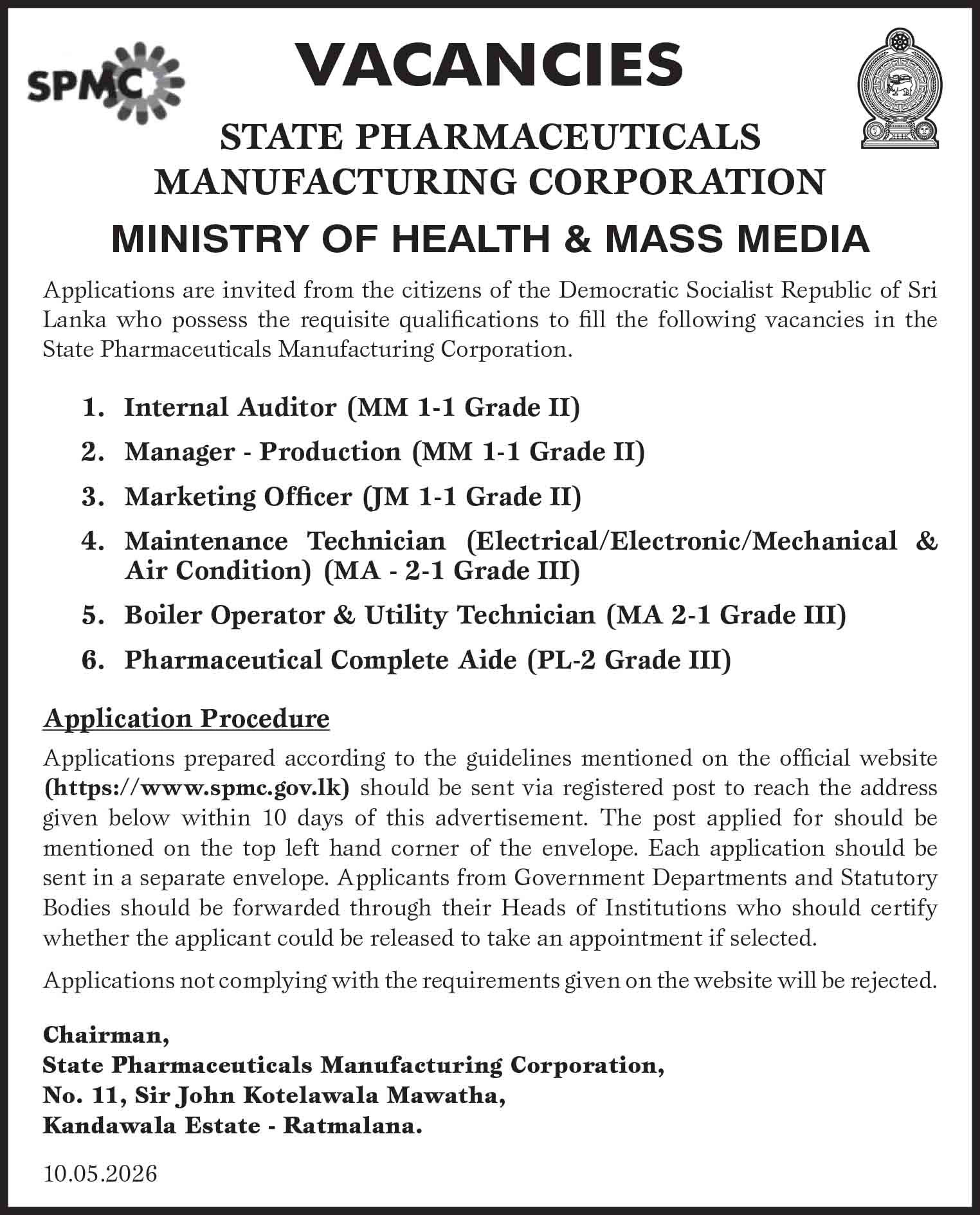 State Pharmaceuticals Manufacturing Corporation (SPMC) Vacancies - 2026 May