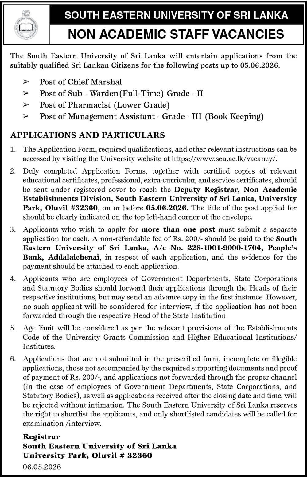 South Eastern University (SEUSL) Non-Academic Vacancies - 2026 June