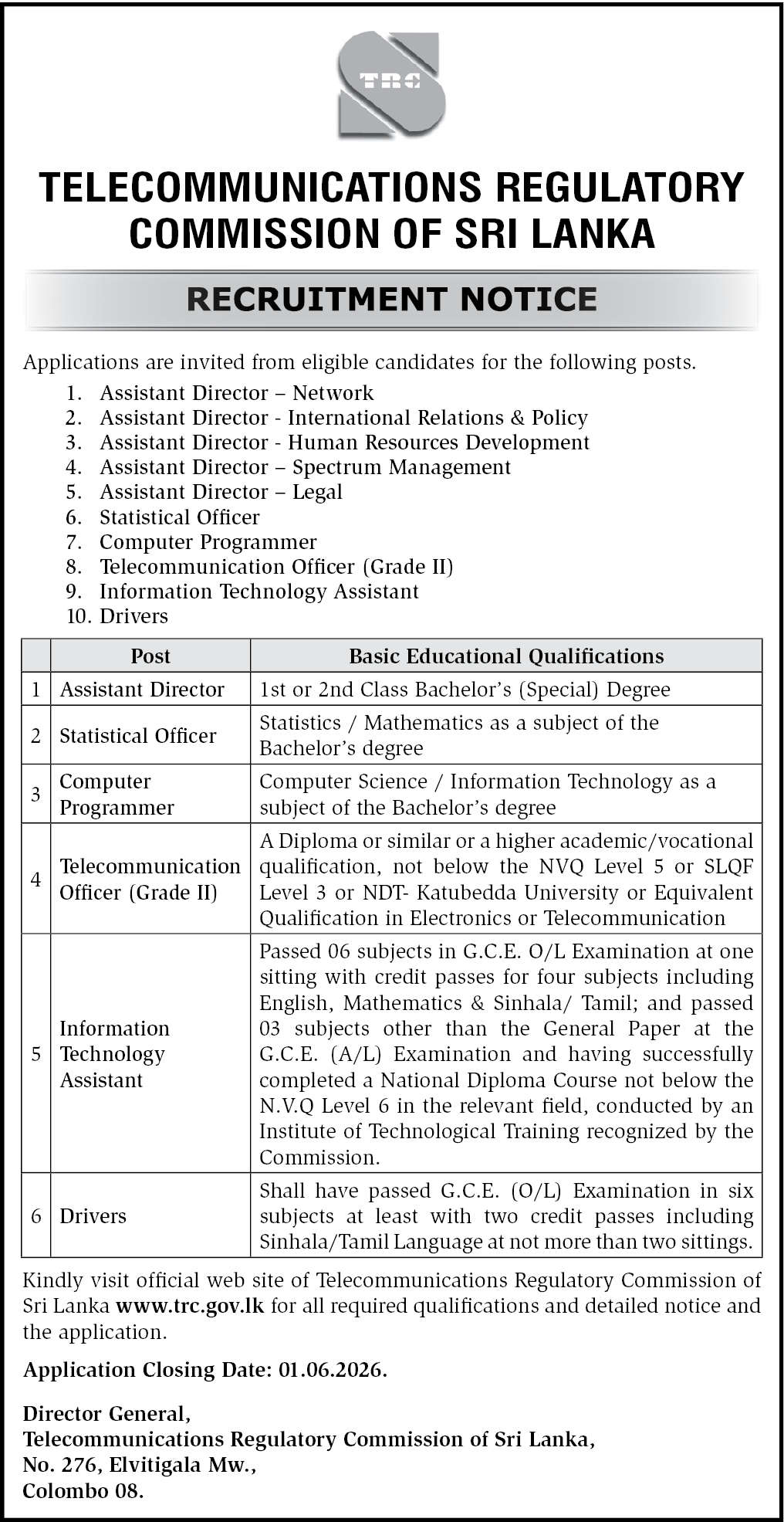 TRCSL Vacancies (2026 May) - Asst Director, Statistical Officer, Computer Programmer, Telecommunication Officer, IT Assistant, Drivers