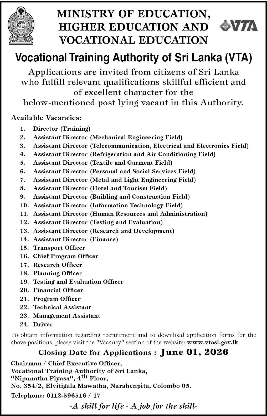 Vocational Training Authority (VTA) Vacancies 2026 - MA, Officers, Driver, Technical Asst, Directors