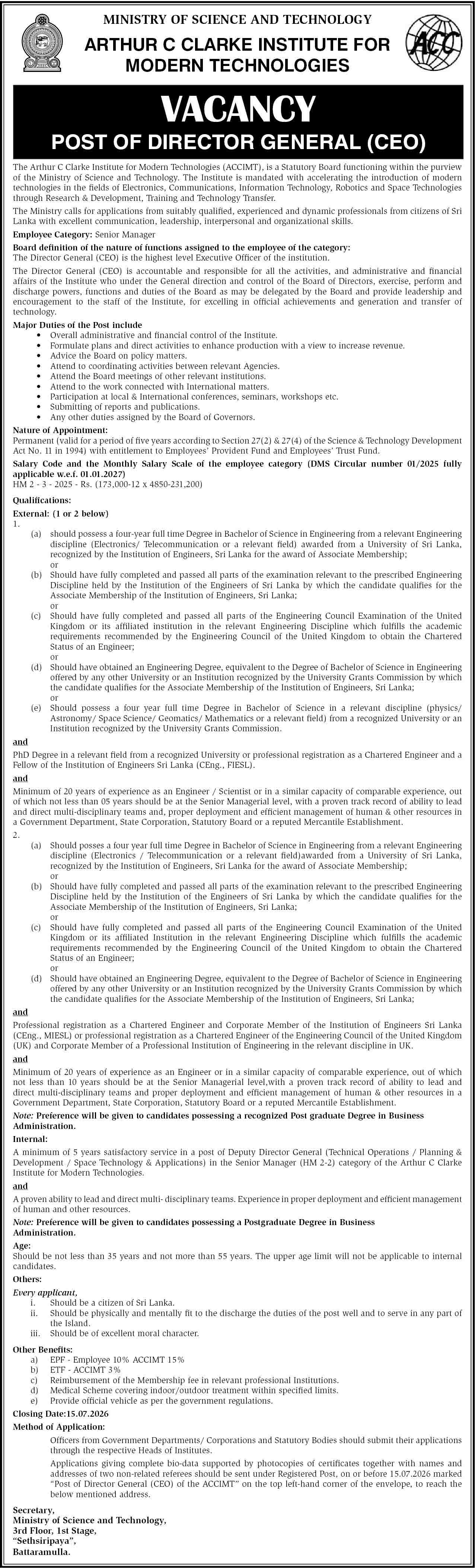 Arthur C Clarke Institute (ACCIMT) Vacancy 2026 - Post of Director General