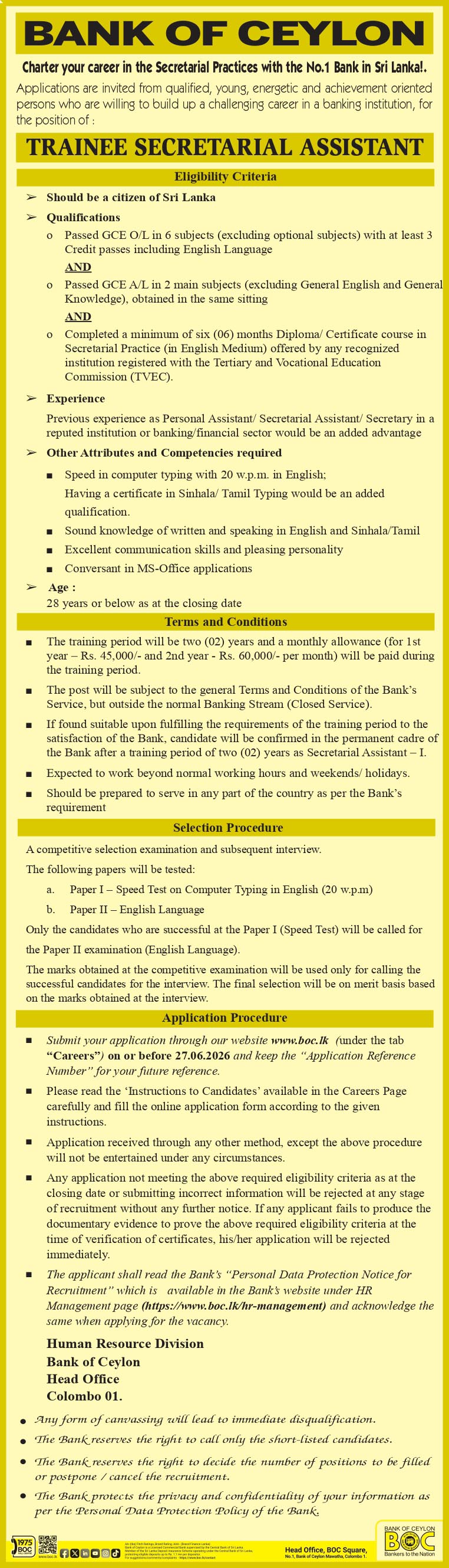 BOC Bank Trainee Secretarial Assistant Job Vacancies 2026
