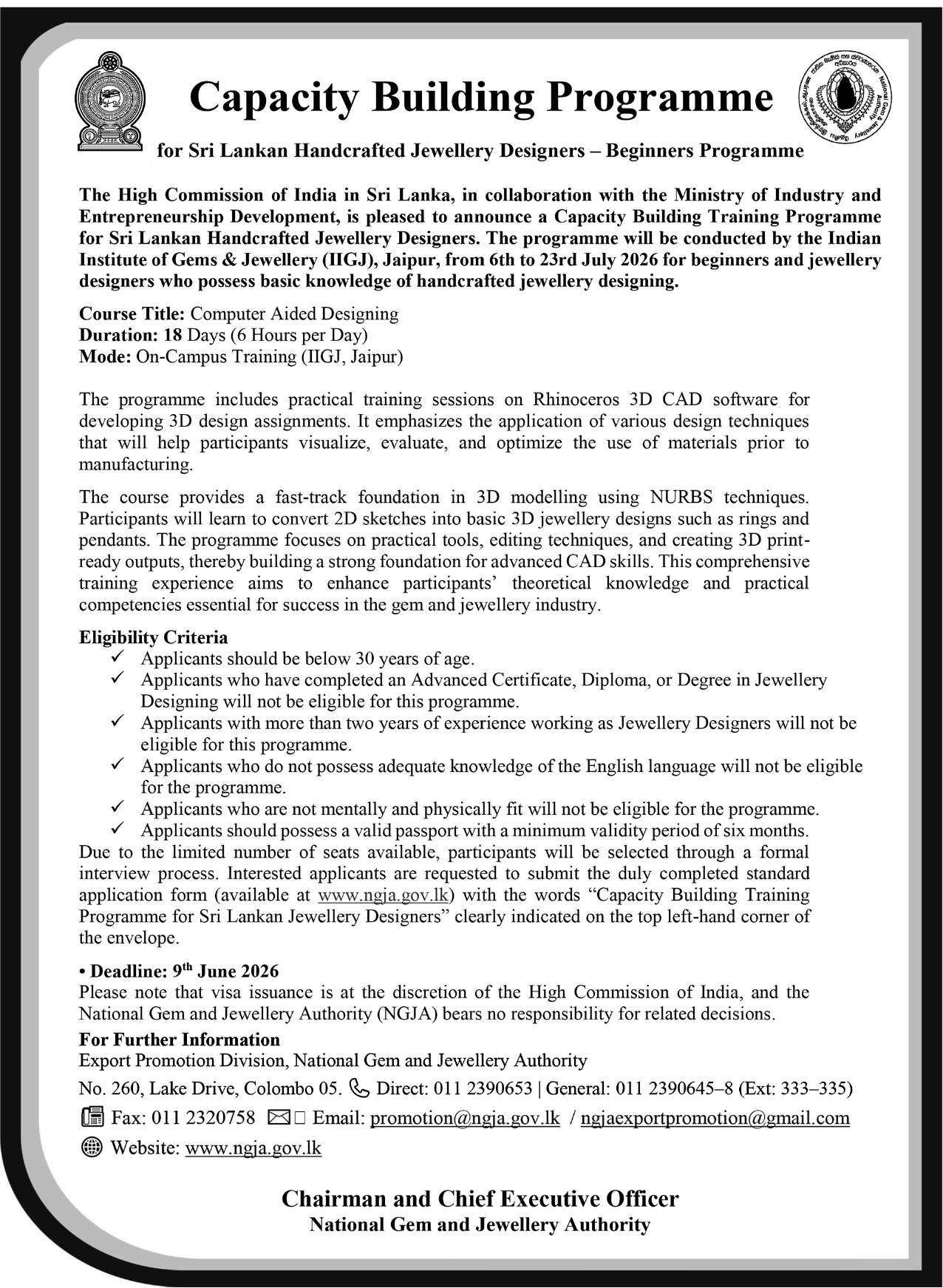 Capacity Building Programme for Sri Lankan Handcrafted Jewellery Designers 2026