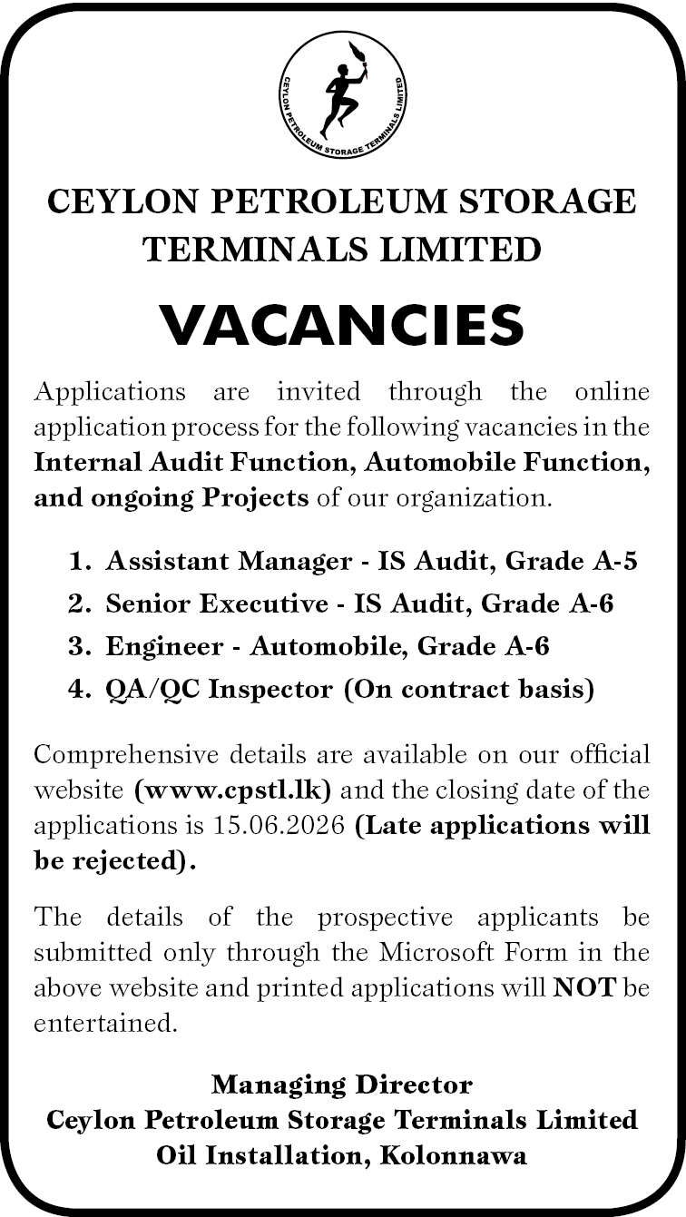 Ceylon Petroleum Storage Terminals (CPSTL) Job Vacancies 2026 June