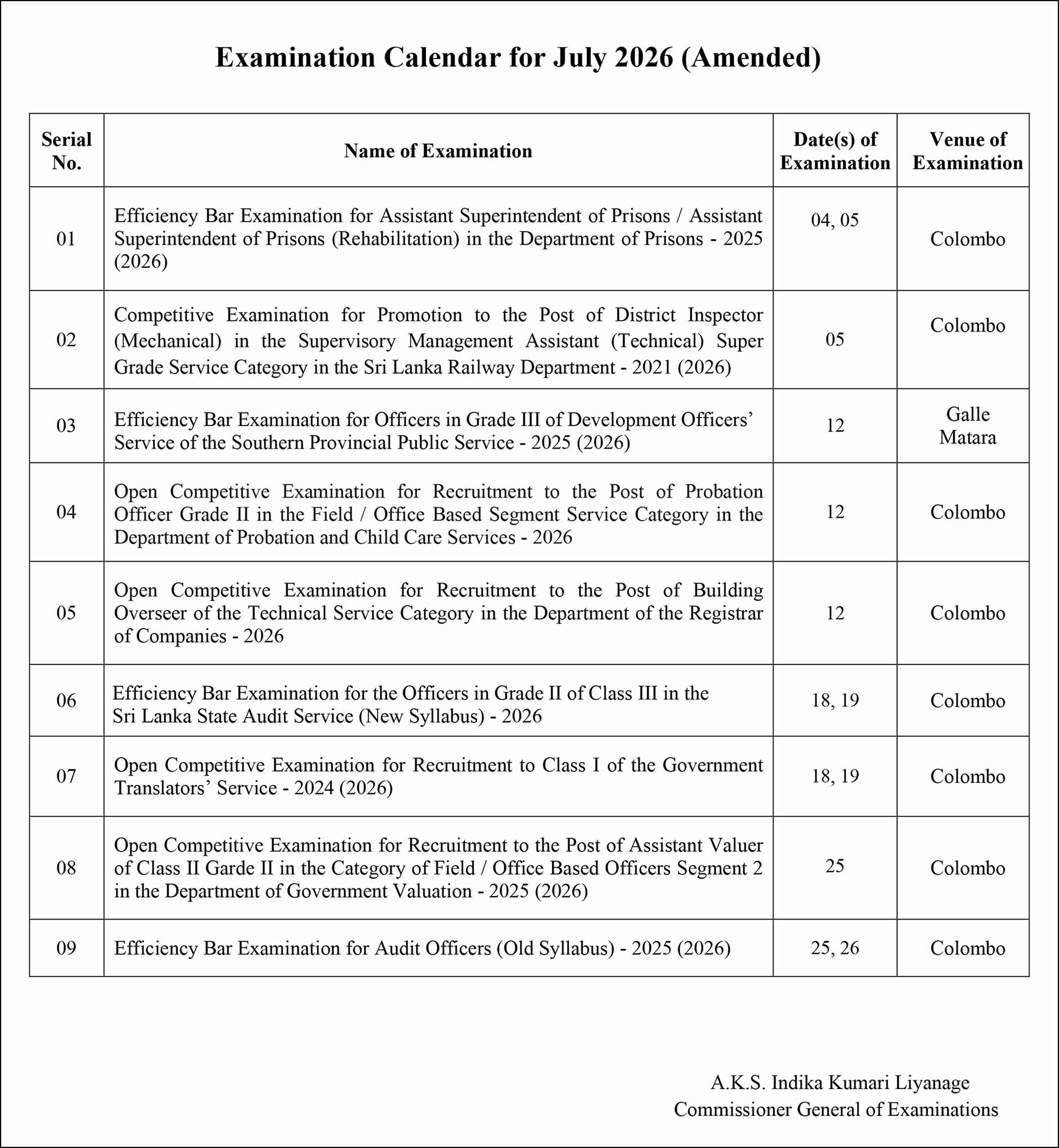 Examination Calendar for July 2026 (Amended) - Department of Examinations