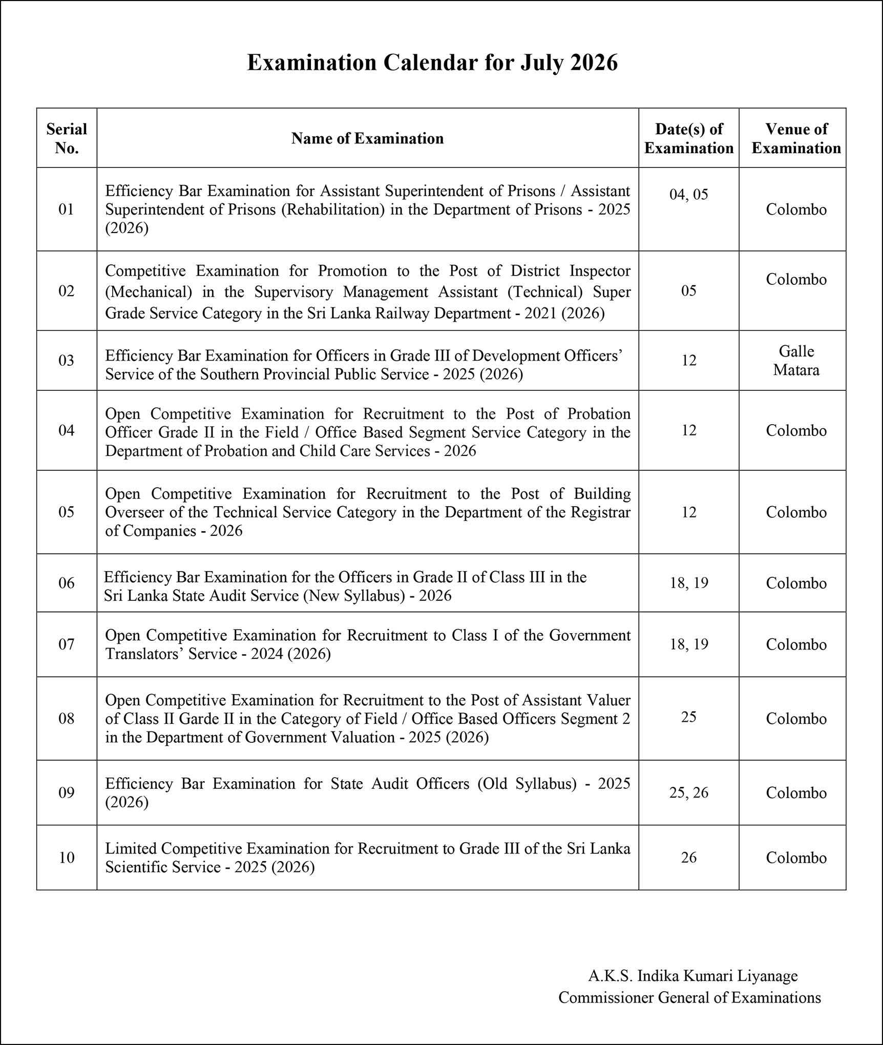 Examination Calendar for July 2026 - Department of Examinations