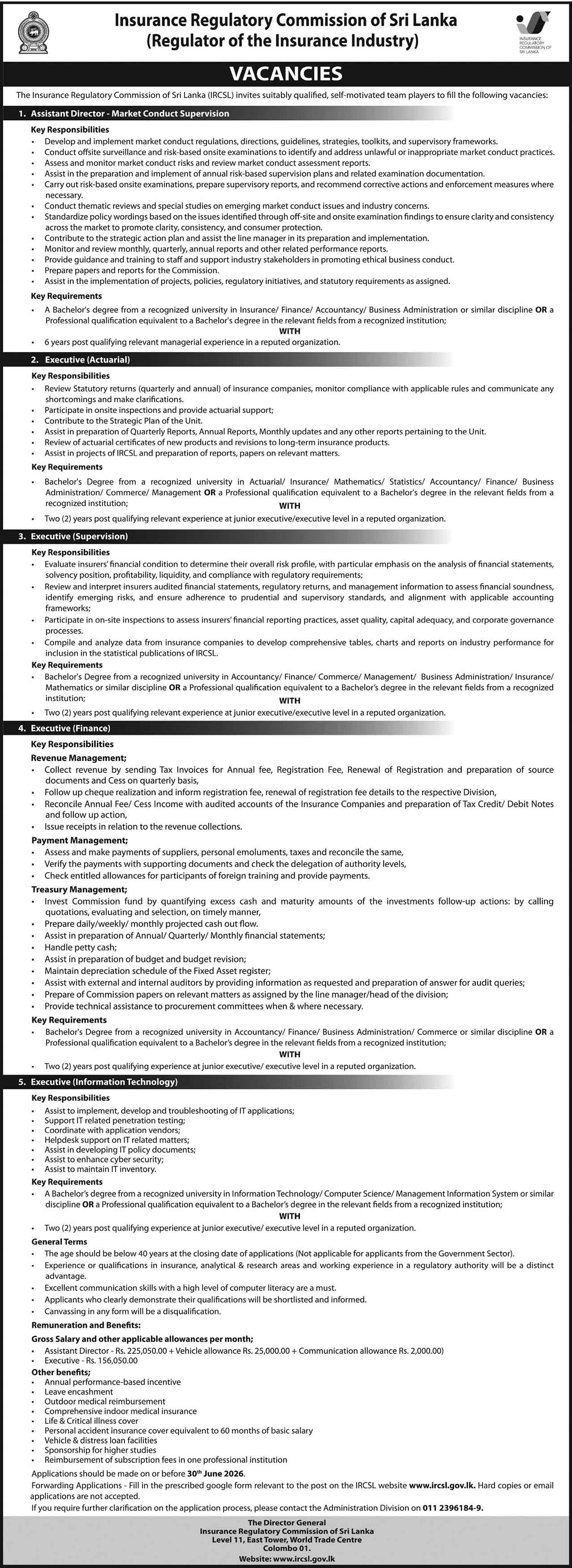 Insurance Regulatory Commission (IRCSL) Vacancies 2026 - Assistant Director, Executives (Actuarial, Supervision, Finance, IT)