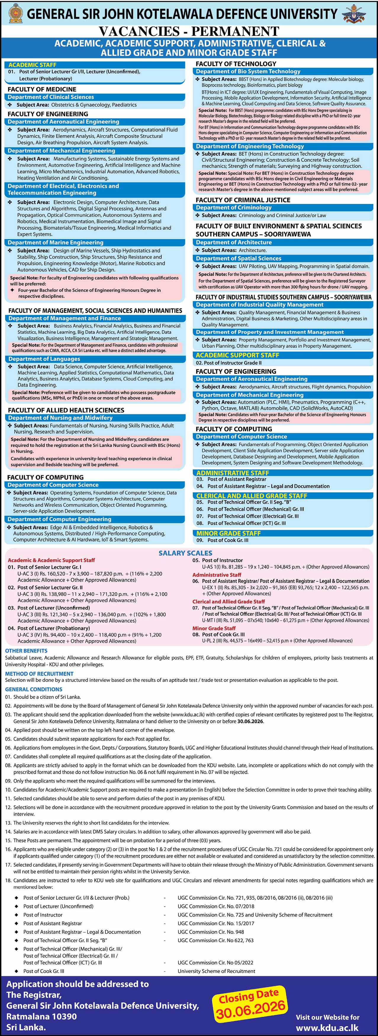 Kotelawala Defence University (KDU) Vacancies 2026 - Lecturers, Instructor, Assistant Registrar, Technical Officer, Cook
