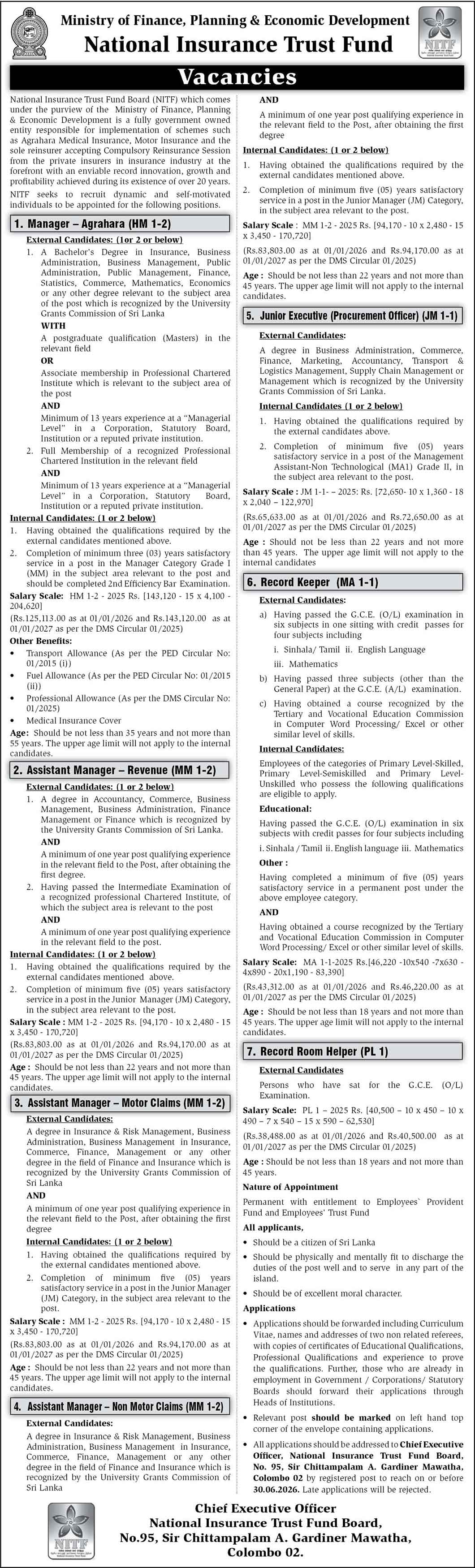 National Insurance Trust Fund (NITF) Vacancies 2026 - Manager, Procurement Officer, Record Keeper, Record Room Helper