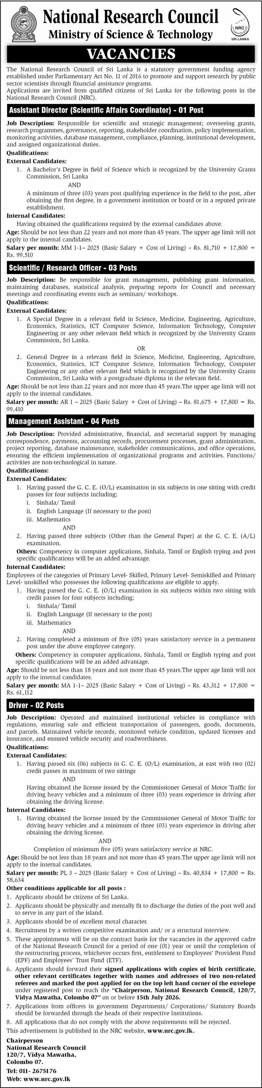 National Research Council (NRC) Vacancies - 2026 Assistant Director, Scientific / Research Officer, Management Assistant (MA), Driver