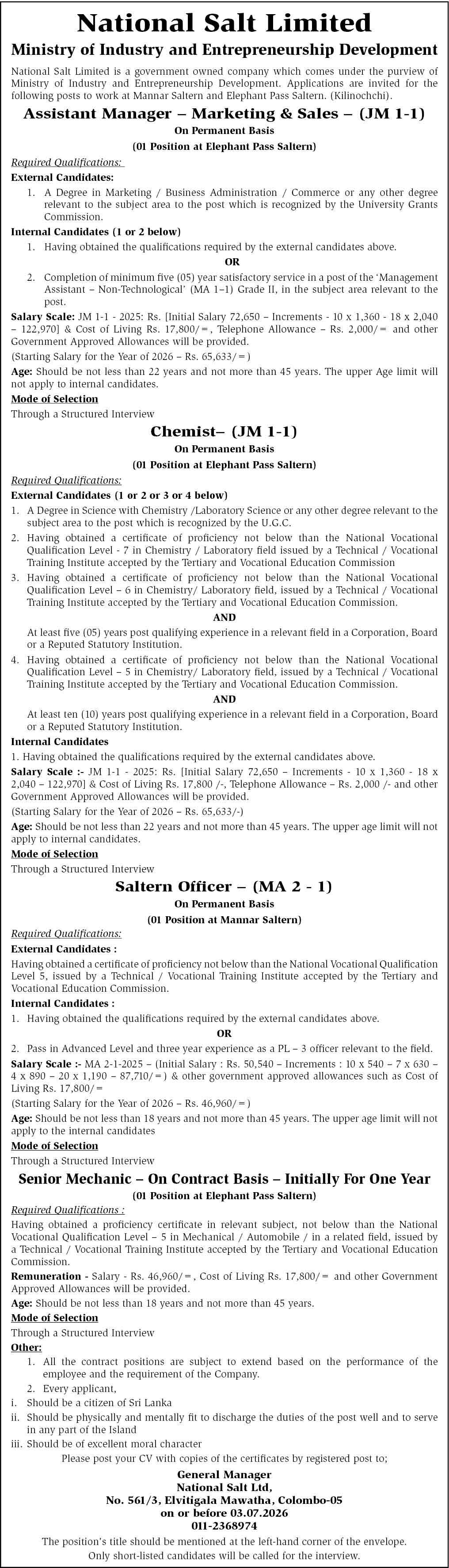 National Salt Ltd Vacancies 2026 - Assistant Manager, Chemist, Saltern Officer, Senior Mechanic