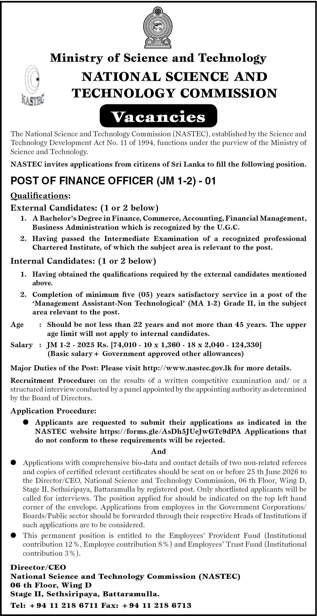 National Science and Technology Commission (Nastec) Finance Officer Vacancies 2026