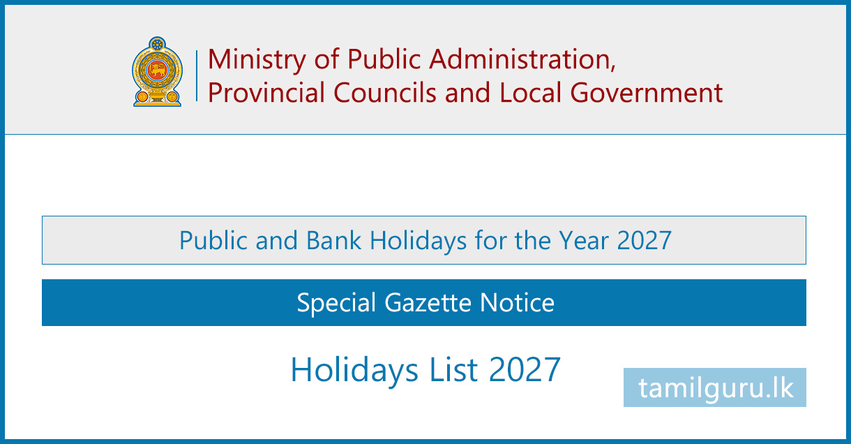 Public and Bank Holidays for the Year 2027 Sri Lanka Government
