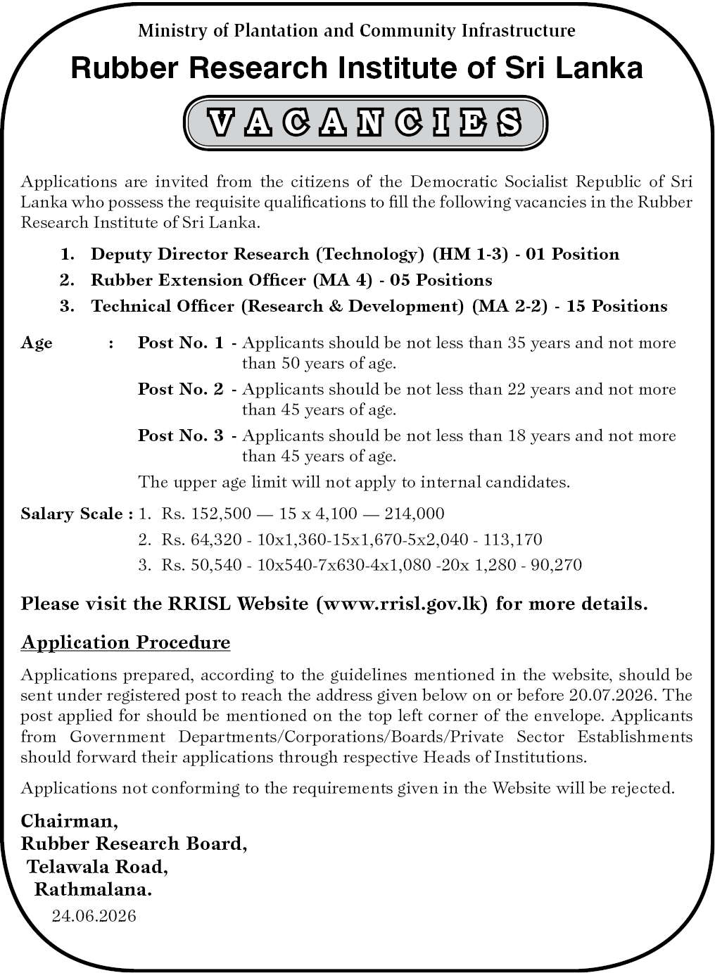 Rubber Research Institute Vacancies 2026 - Deputy Director Research, Rubber Extension Officer, TO