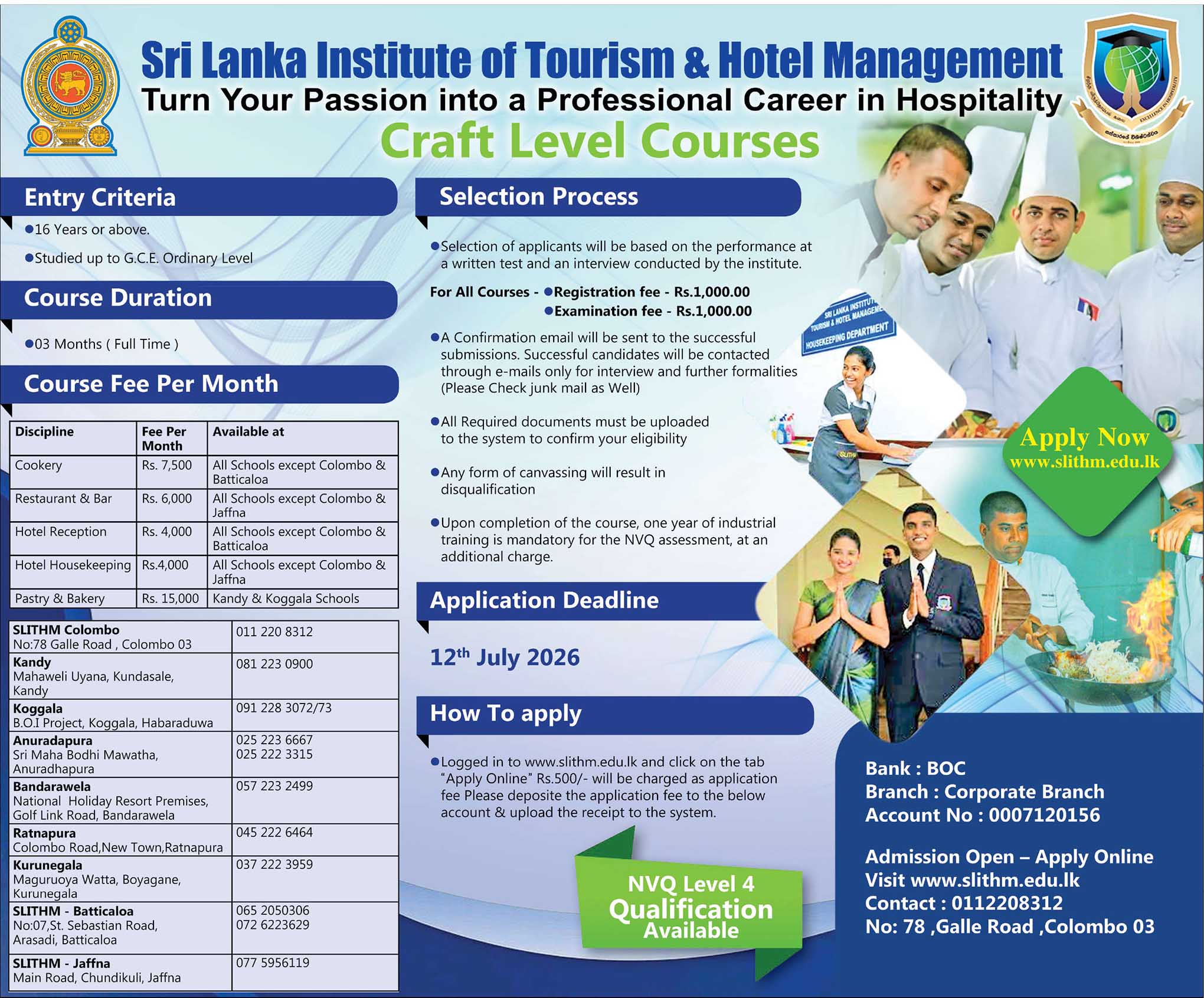 SLITHM (Tourism & Hotel Management) Craft Level Courses 2026