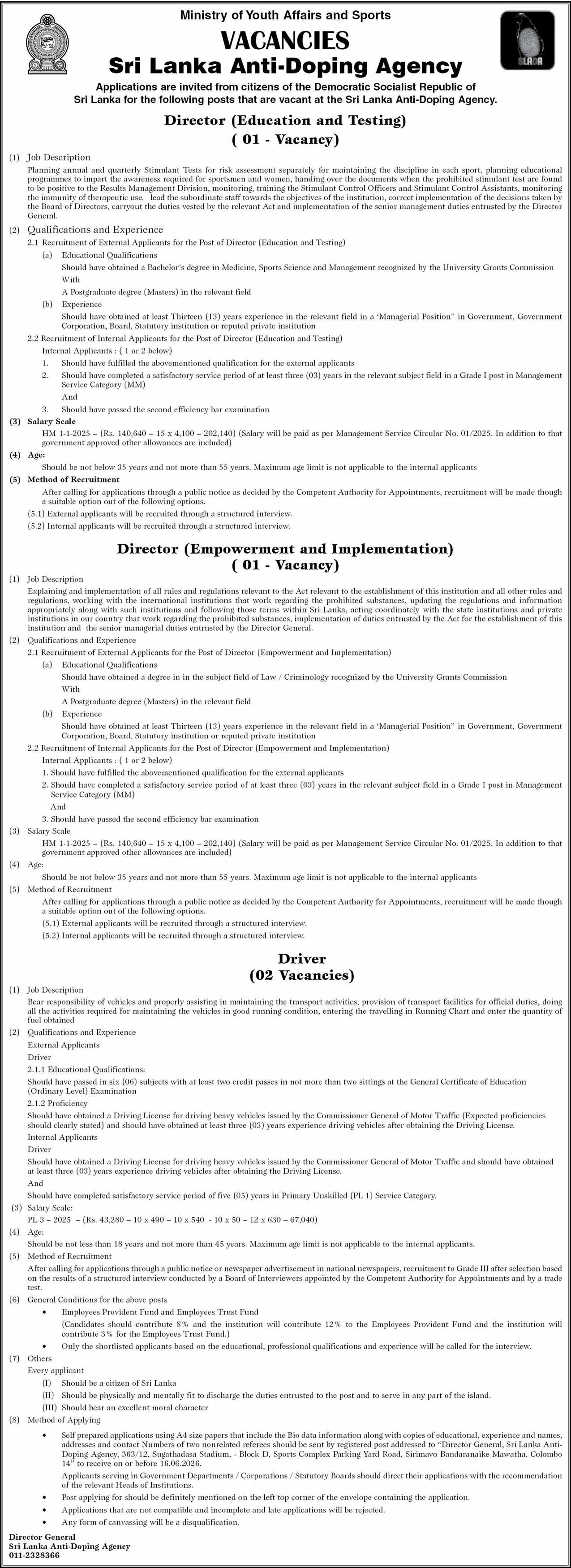 Sri Lanka Anti-Doping Agency (SLADA) Vacancies 2026 - Drivers & Directors